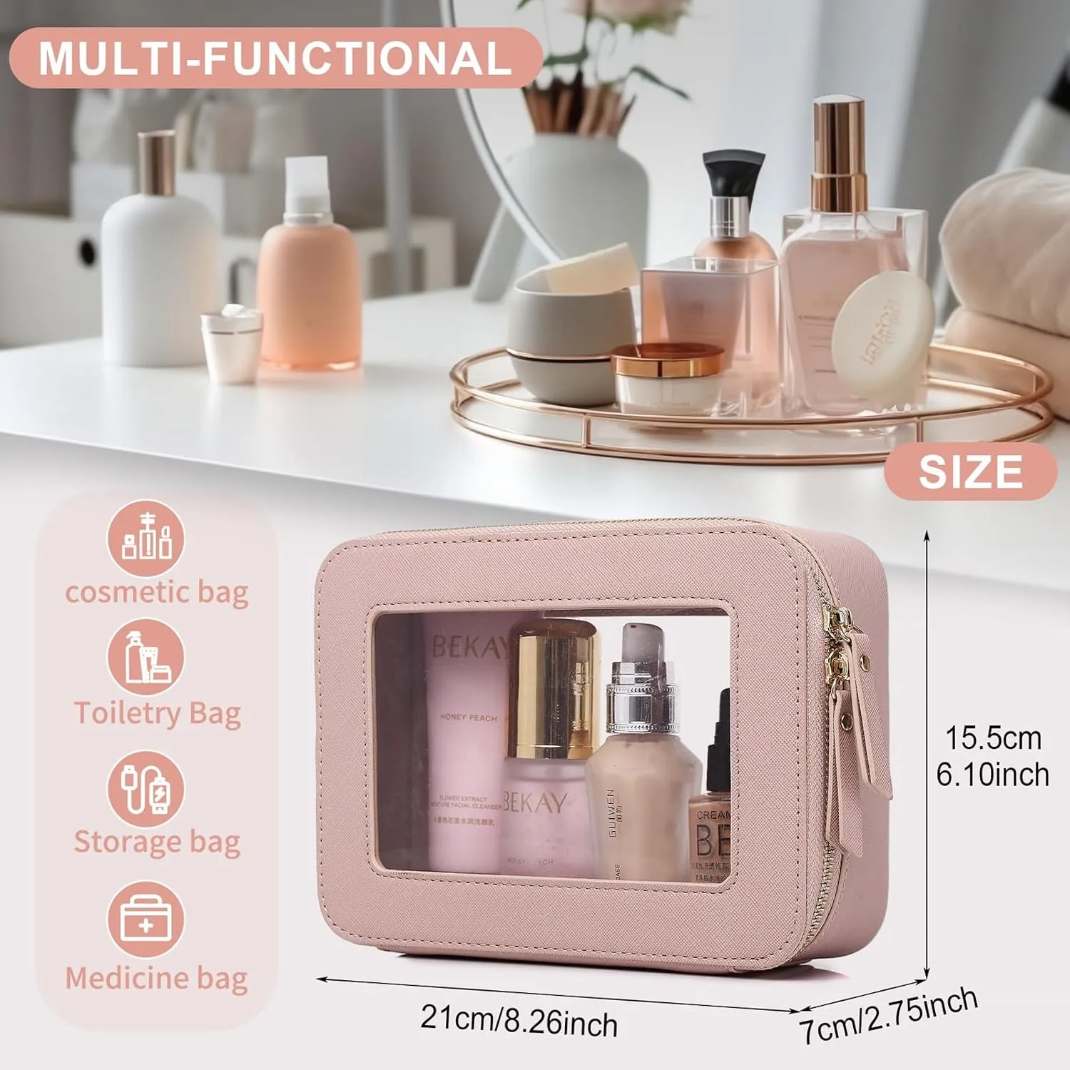 Clear Makeup Bag for Women Waterproof Travel Cosmetics and Toiletries Case Portable Makeup Oaganizer Bag Clear Car Bag with Zipper (Pink, M)