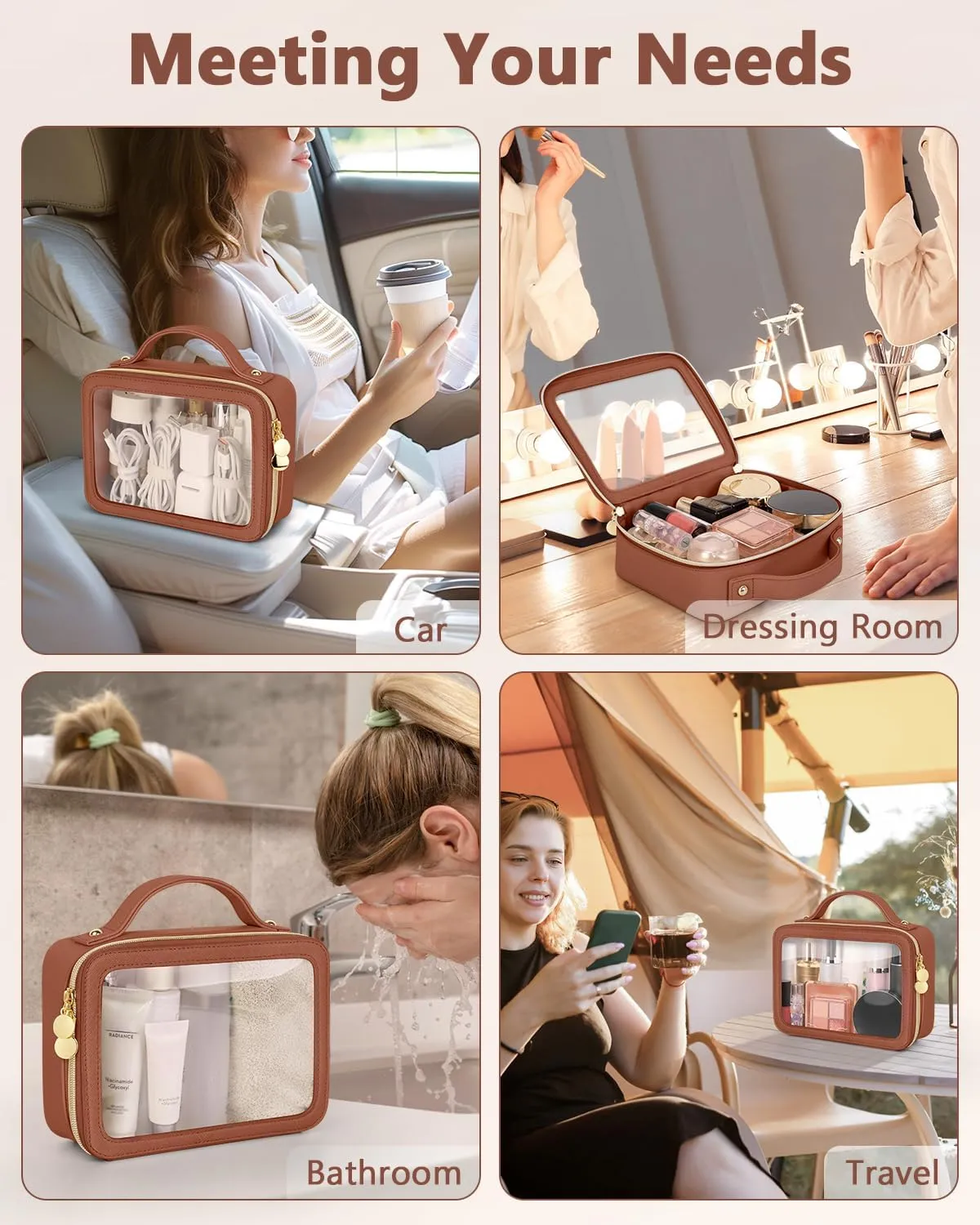 Clear Makeup Bag, Portable Travel Cosmetic Bags, Multipurpose Leather Toiletry Bag with Zipper, Waterproof Transparent Cosmetic Organizer for Women, Medium, Brown