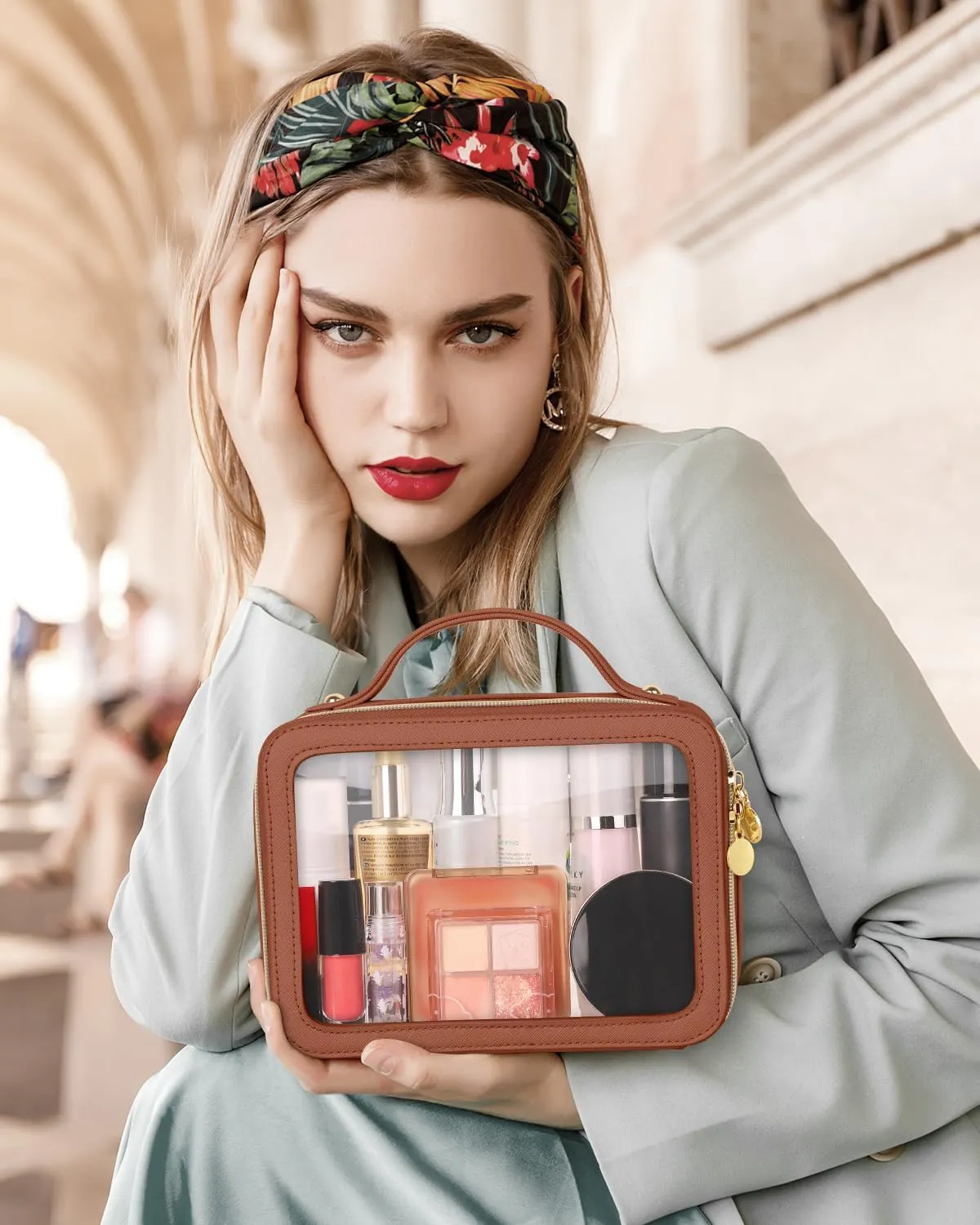 Clear Makeup Bag, Portable Travel Cosmetic Bags, Multipurpose Leather Toiletry Bag with Zipper, Waterproof Transparent Cosmetic Organizer for Women, Medium, Brown