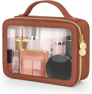 Clear Makeup Bag, Portable Travel Cosmetic Bags, Multipurpose Leather Toiletry Bag with Zipper, Waterproof Transparent Cosmetic Organizer for Women, Medium, Brown