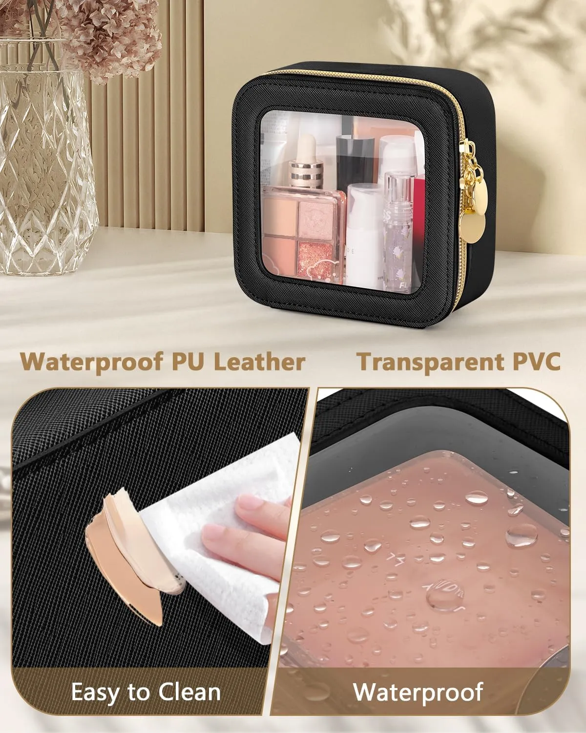 Clear Makeup Bag, Portable Travel Cosmetic Bags, Multipurpose Leather Toiletry Bag with Zipper, Waterproof Transparent Cosmetic Organizer for Women, Mini, Black
