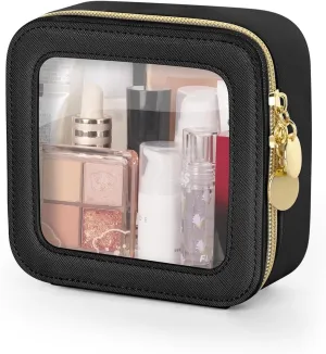 Clear Makeup Bag, Portable Travel Cosmetic Bags, Multipurpose Leather Toiletry Bag with Zipper, Waterproof Transparent Cosmetic Organizer for Women, Mini, Black