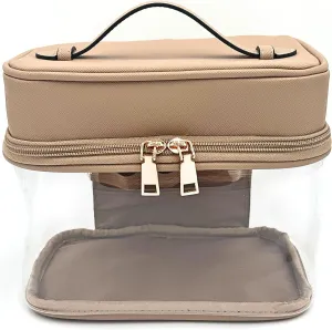 Clear Makeup Bag Toiletry Bag for Women Cosmetic Large Capacity Travel Make Up Bag Organizer Transparent Train Case TSA Approved (BEIGE)