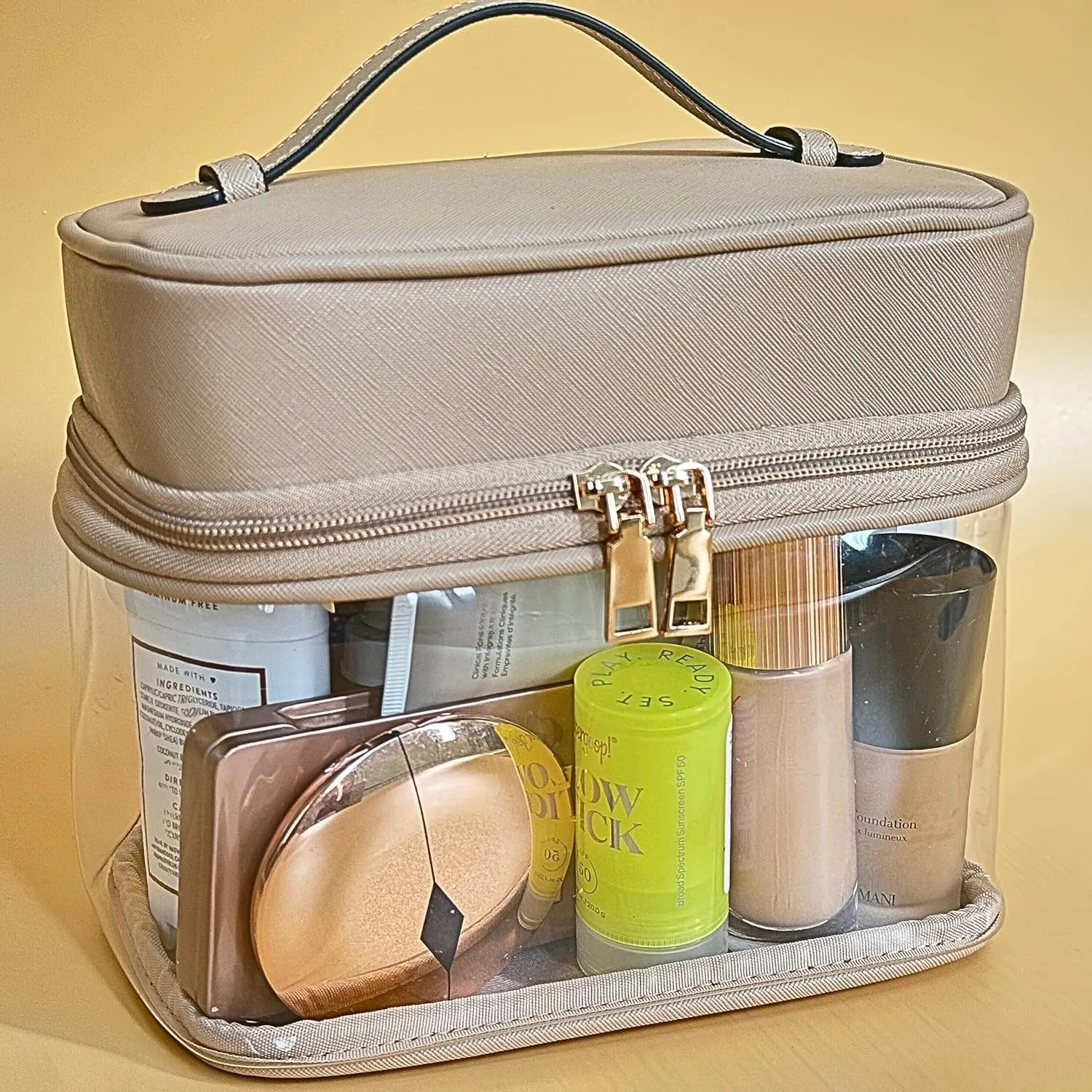 Clear Makeup Bag Toiletry Bag for Women Cosmetic Large Capacity Travel Make Up Bag Organizer Transparent Train Case TSA Approved (BEIGE)