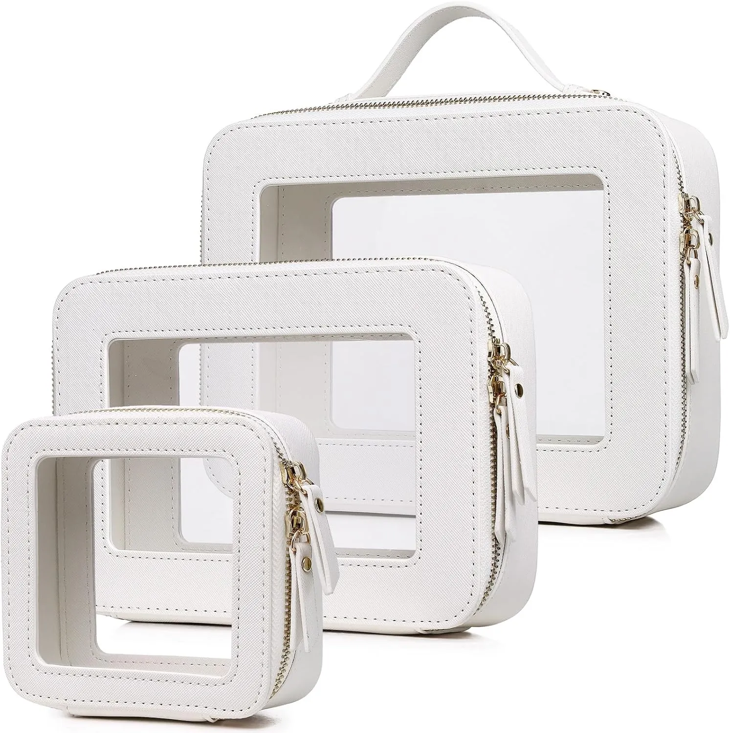 Clear Makeup Bag Waterproof Travel Case for Cosmetics and Toiletries Women's Purse Organizer and Clear Car Bag with Zipper (White, L M MINI)