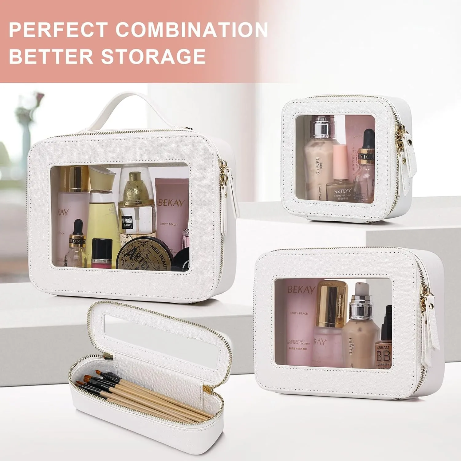Clear Makeup Bag Waterproof Travel Case for Cosmetics and Toiletries Women's Purse Organizer and Clear Car Bag with Zipper (White, L M MINI)