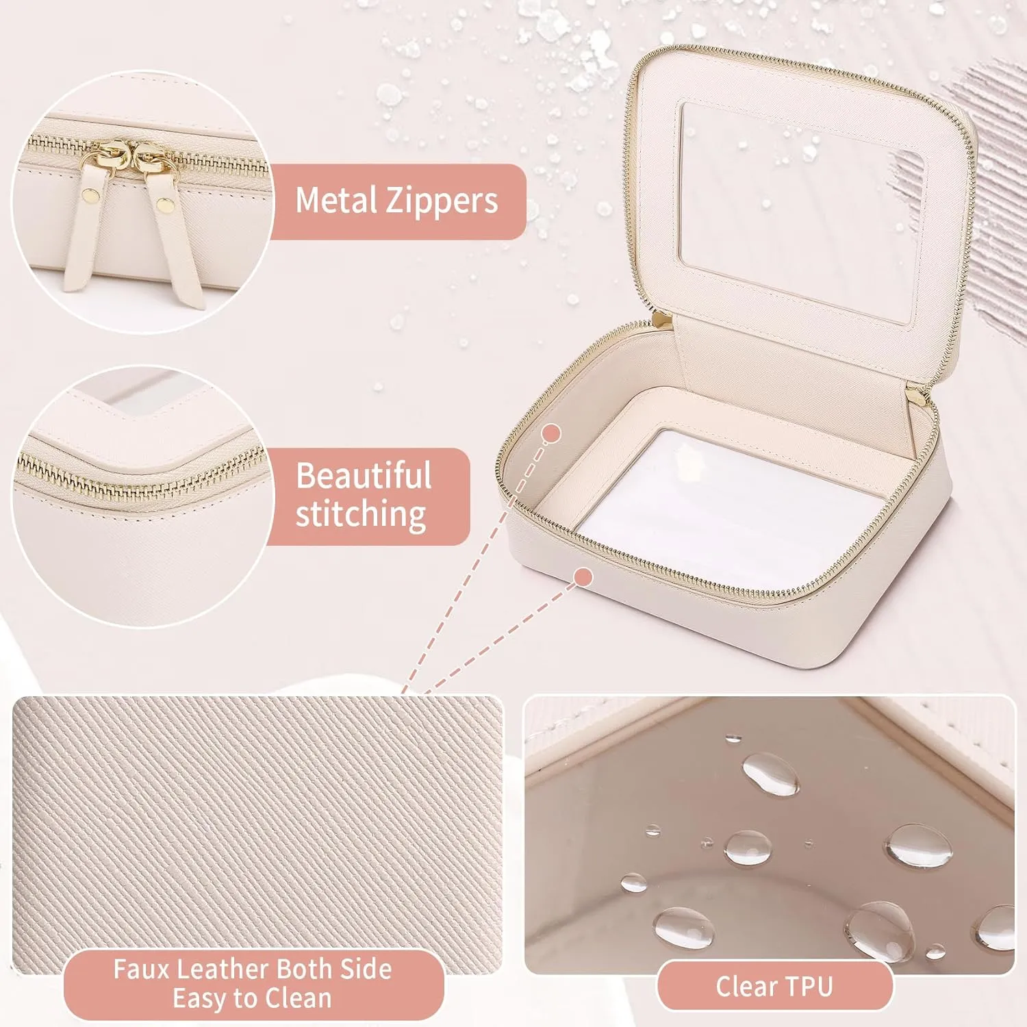 Clear Makeup Bag Women's Waterproof Travel Cosmetic Case and Toiletry Bag Portable Makeup Organizer Bag Car Essential with Zipper (Beige, M)