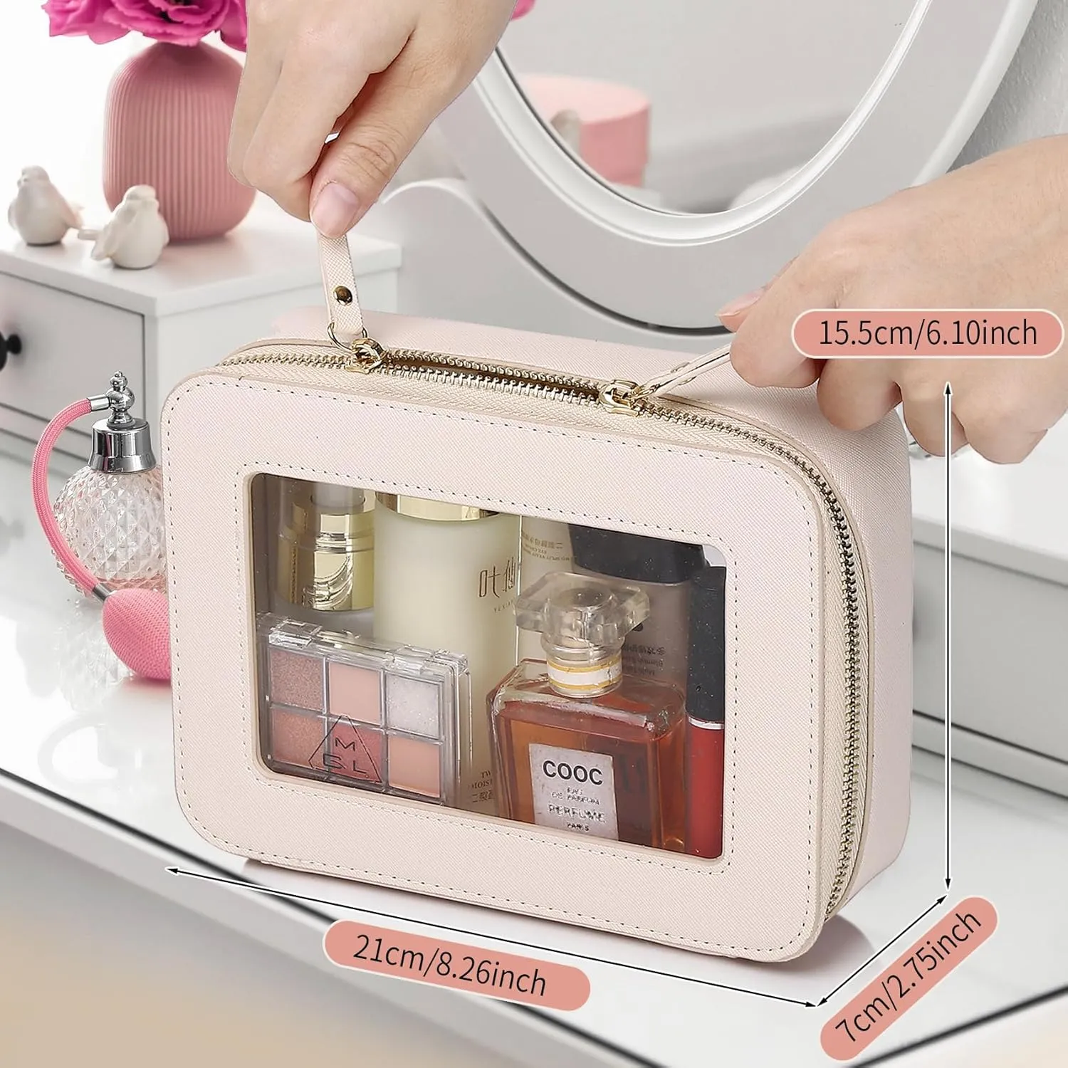 Clear Makeup Bag Women's Waterproof Travel Cosmetic Case and Toiletry Bag Portable Makeup Organizer Bag Car Essential with Zipper (Beige, M)