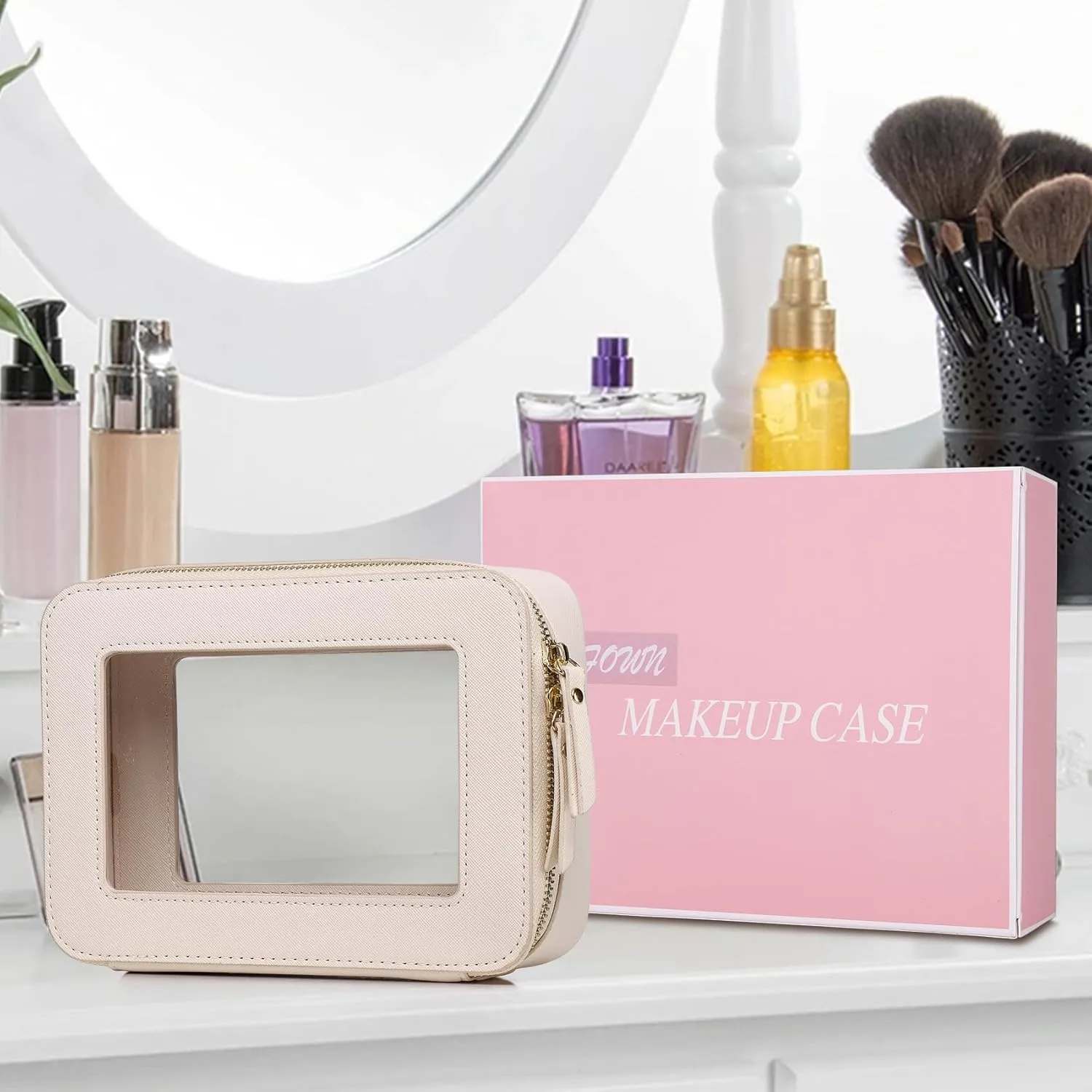 Clear Makeup Bag Women's Waterproof Travel Cosmetic Case and Toiletry Bag Portable Makeup Organizer Bag Car Essential with Zipper (Beige, M)