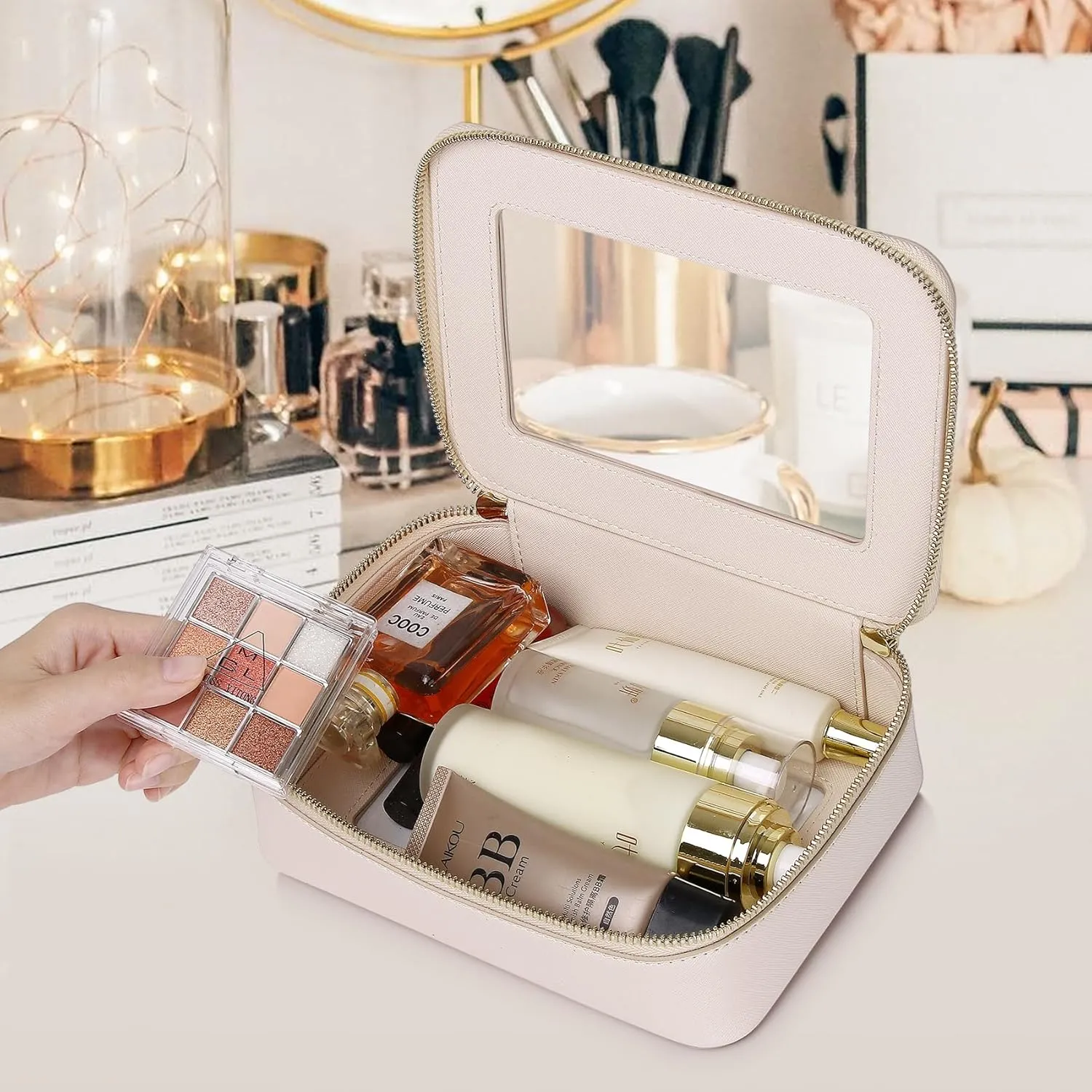 Clear Makeup Bag Women's Waterproof Travel Cosmetic Case and Toiletry Bag Portable Makeup Organizer Bag Car Essential with Zipper (Beige, M)