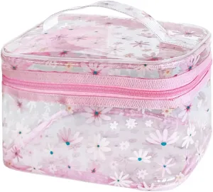 Clear Pink Flower Cosmetic Bag and Travel Pouch with Handle-Durable PVC Material,Versatile,Zipper Design for Smooth Sliding-Ideal for Makeup,Travel Essentials
