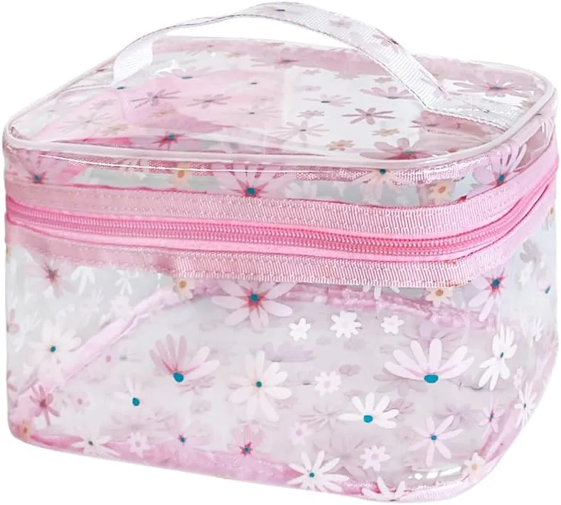 Clear Pink Flower Cosmetic Bag and Travel Pouch with Handle-Durable PVC Material,Versatile,Zipper Design for Smooth Sliding-Ideal for Makeup,Travel Essentials