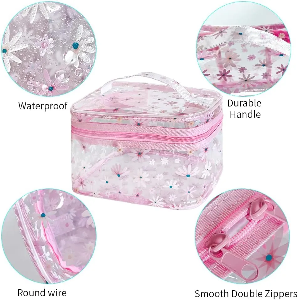 Clear Pink Flower Cosmetic Bag and Travel Pouch with Handle-Durable PVC Material,Versatile,Zipper Design for Smooth Sliding-Ideal for Makeup,Travel Essentials