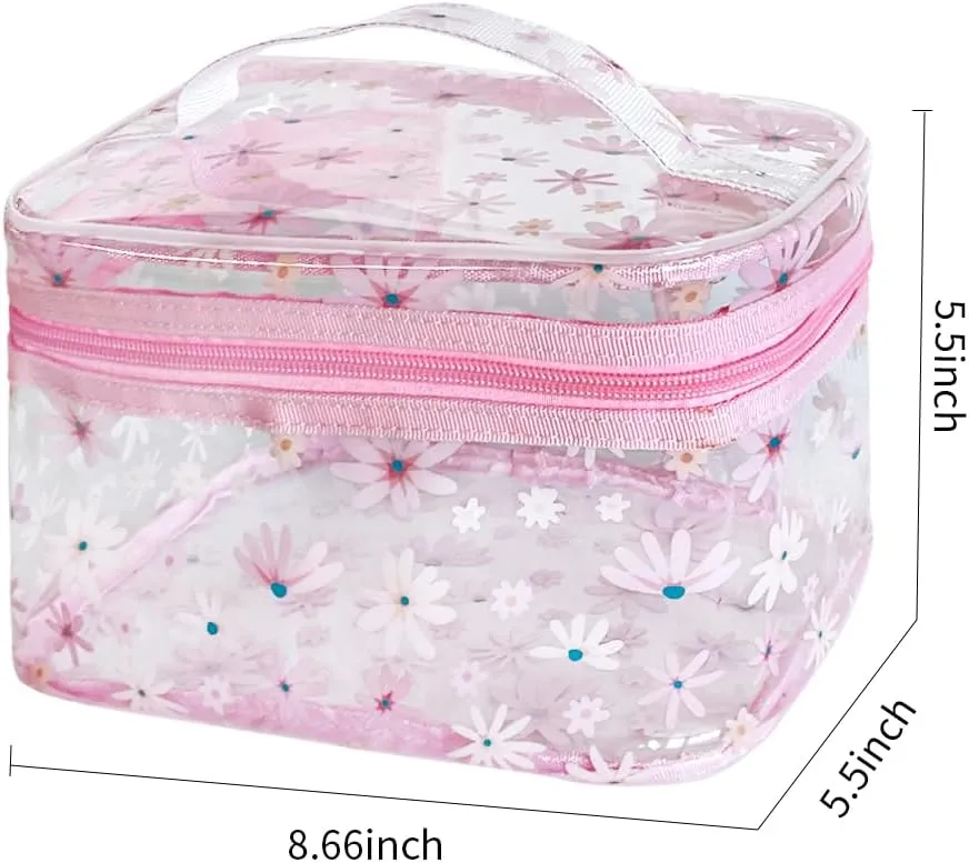 Clear Pink Flower Cosmetic Bag and Travel Pouch with Handle-Durable PVC Material,Versatile,Zipper Design for Smooth Sliding-Ideal for Makeup,Travel Essentials