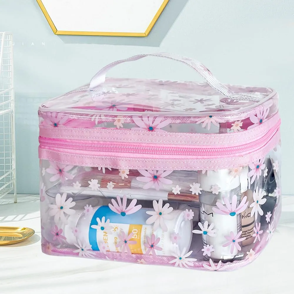Clear Pink Flower Cosmetic Bag and Travel Pouch with Handle-Durable PVC Material,Versatile,Zipper Design for Smooth Sliding-Ideal for Makeup,Travel Essentials