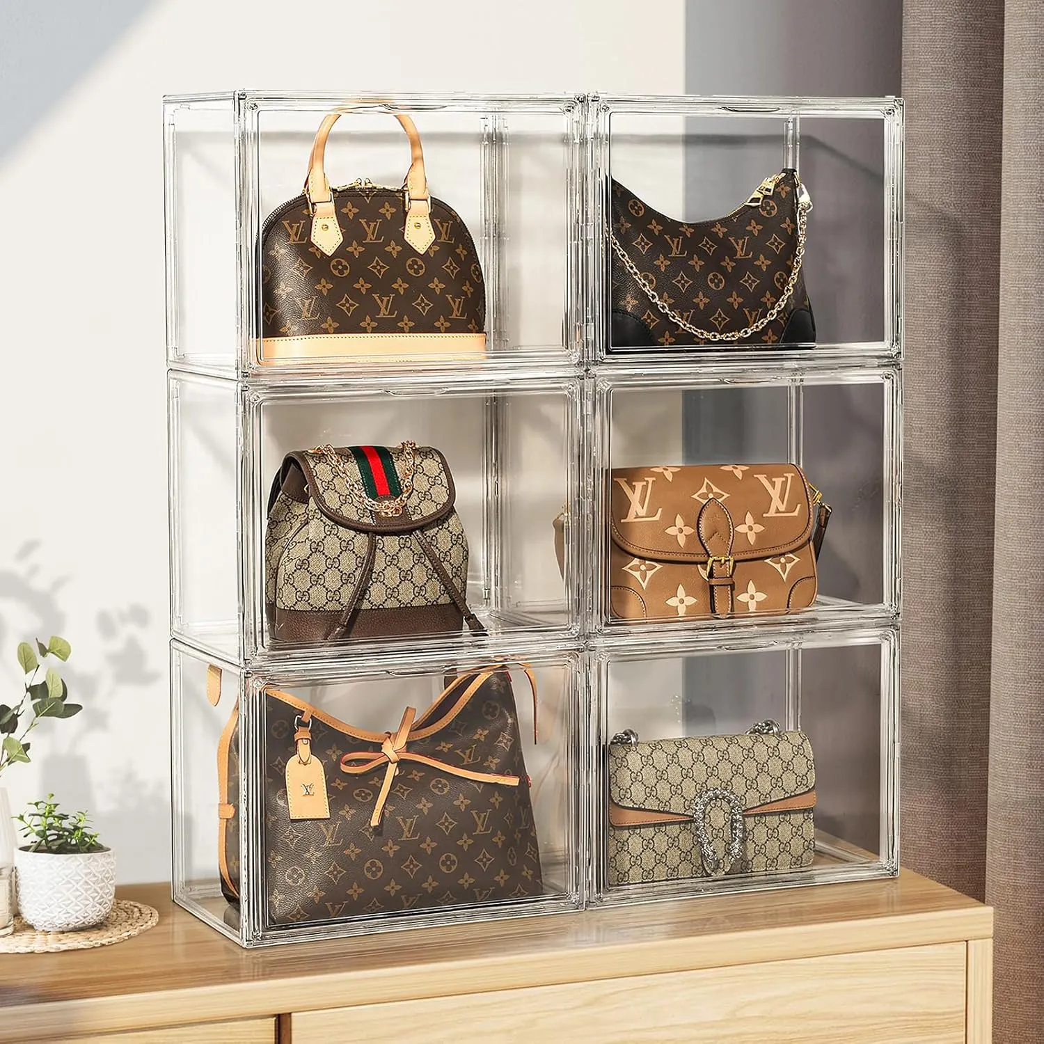 Clear Plastic Handbag Storage Organizer for Closet,Acrylic Purse Organizer with Magnetic Door,Dustproof Book & Cosmetic Display Cases,Large Figures Collectibles Showcase,Shoe Box, Bag Organizer
