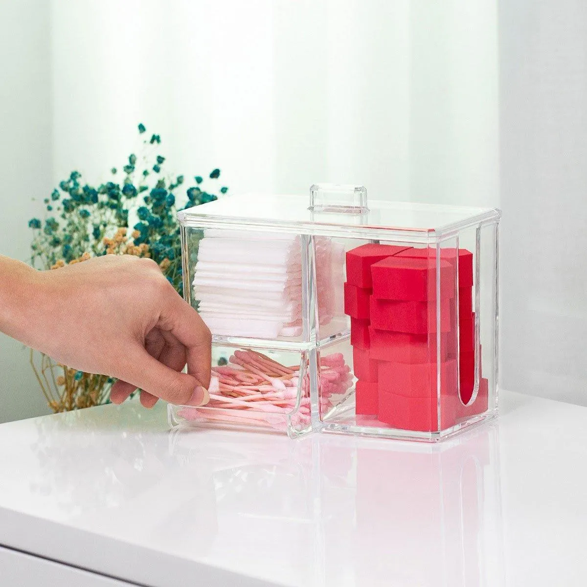 Clear Plastic Makeup Organizer Cotton Swab Storage Holder Compartment Vanity Box