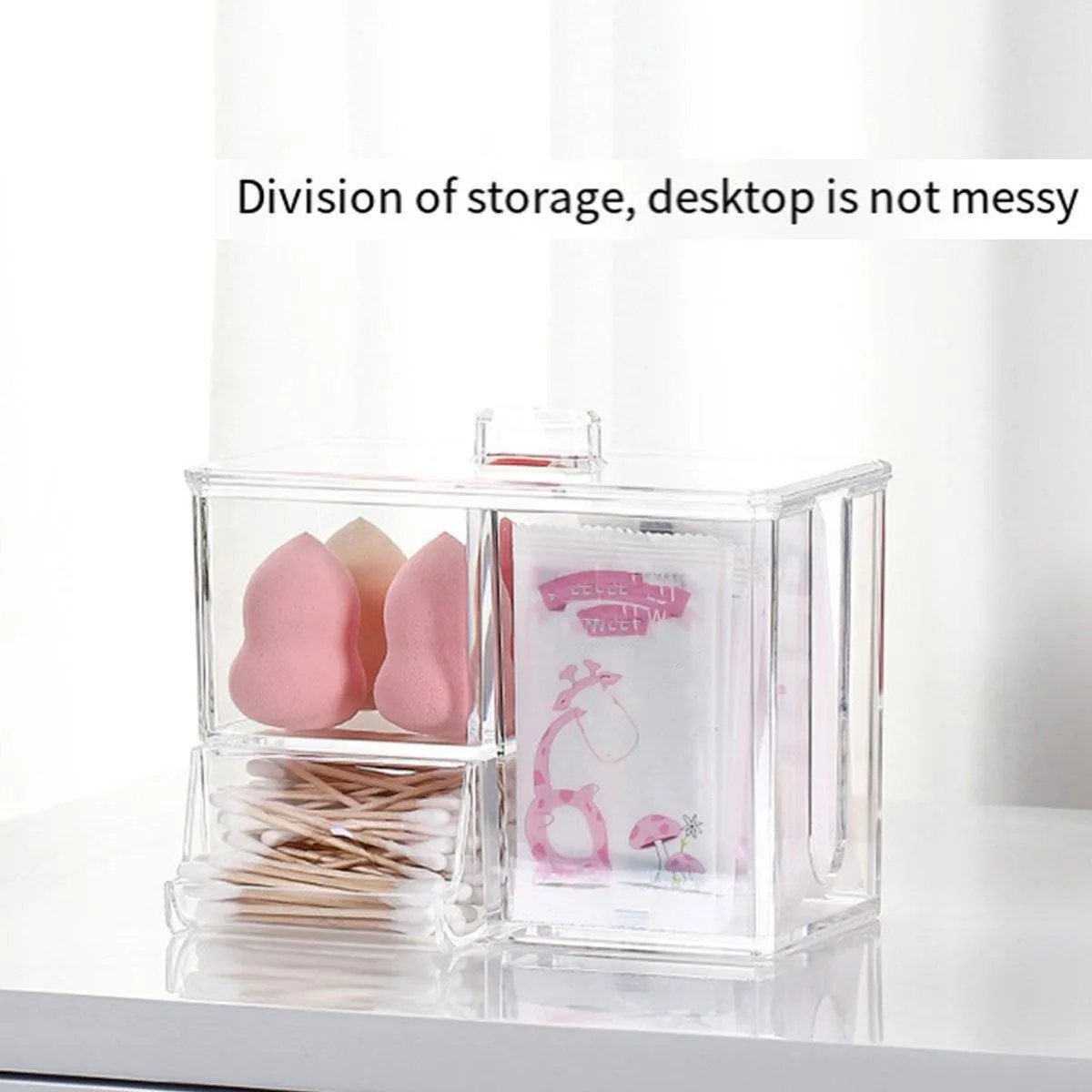 Clear Plastic Makeup Organizer Cotton Swab Storage Holder Compartment Vanity Box