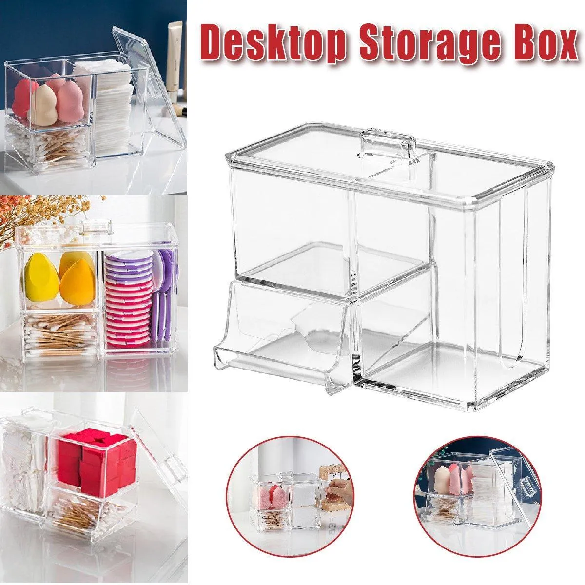 Clear Plastic Makeup Organizer Cotton Swab Storage Holder Compartment Vanity Box