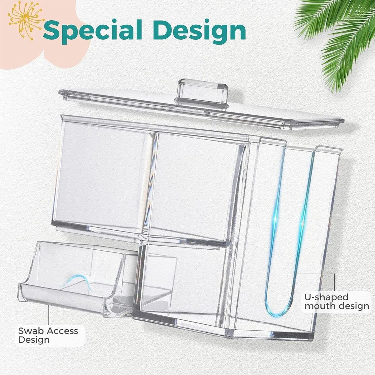 Clear Plastic Makeup Organizer Cotton Swab Storage Holder Compartment Vanity Box
