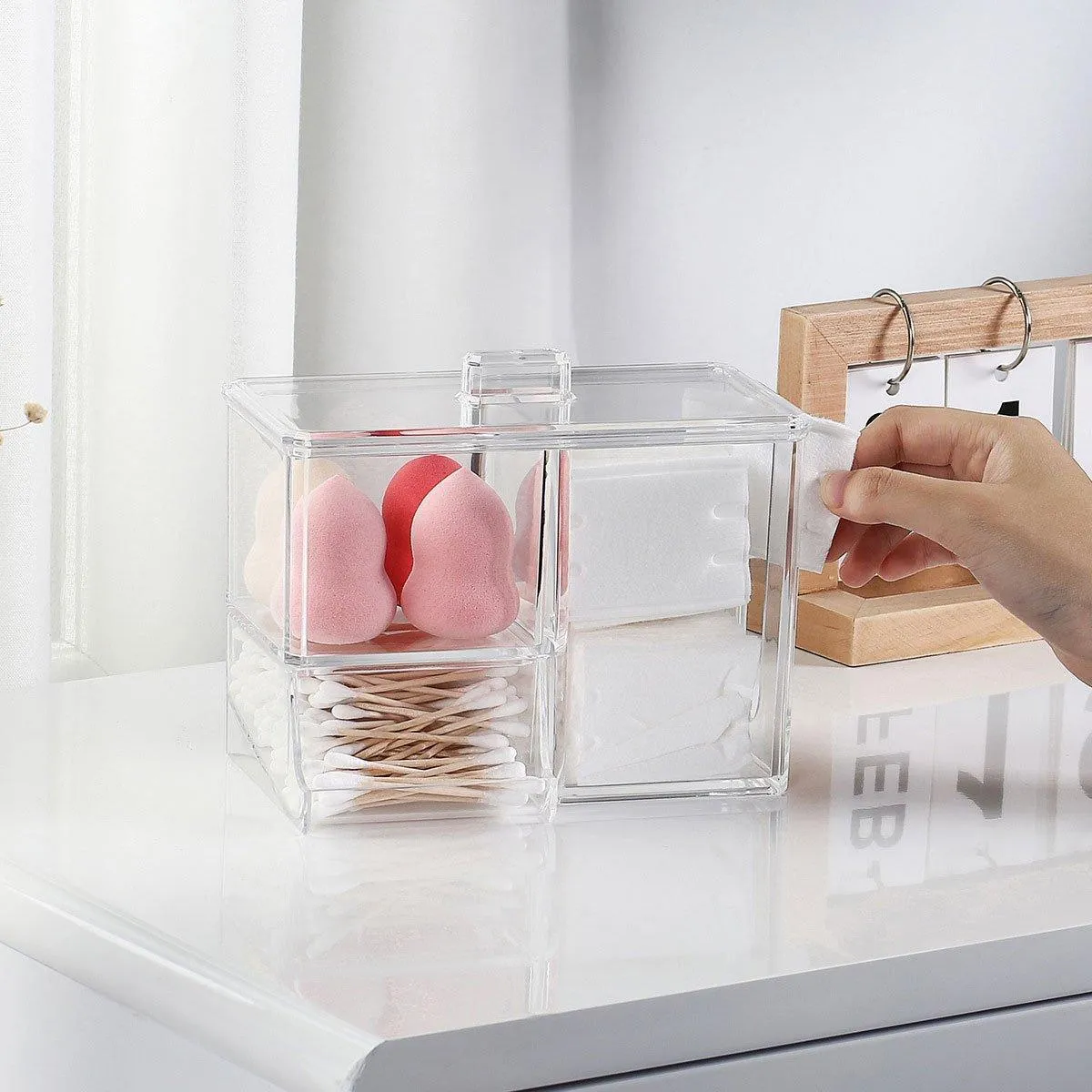 Clear Plastic Makeup Organizer Cotton Swab Storage Holder Compartment Vanity Box