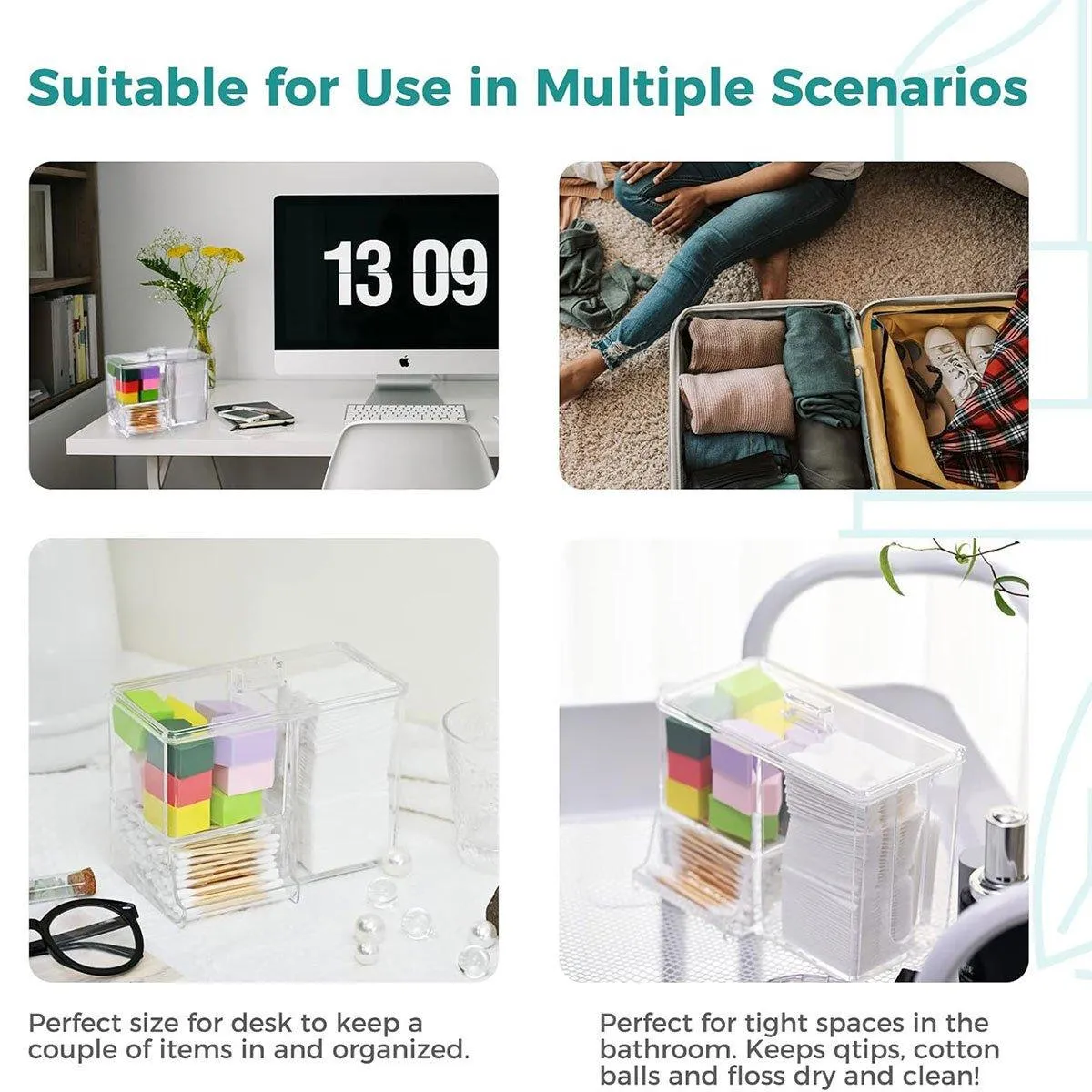 Clear Plastic Makeup Organizer Cotton Swab Storage Holder Compartment Vanity Box