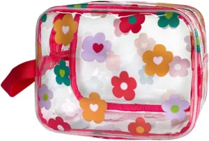 Clear Printed Floral Cosmetic Bag and Travel Pouch with Handle-Durable PVC Material,Versatile,Zipper Design for Smooth Sliding-Ideal for Makeup,Travel Essentials (Multifloral-M)