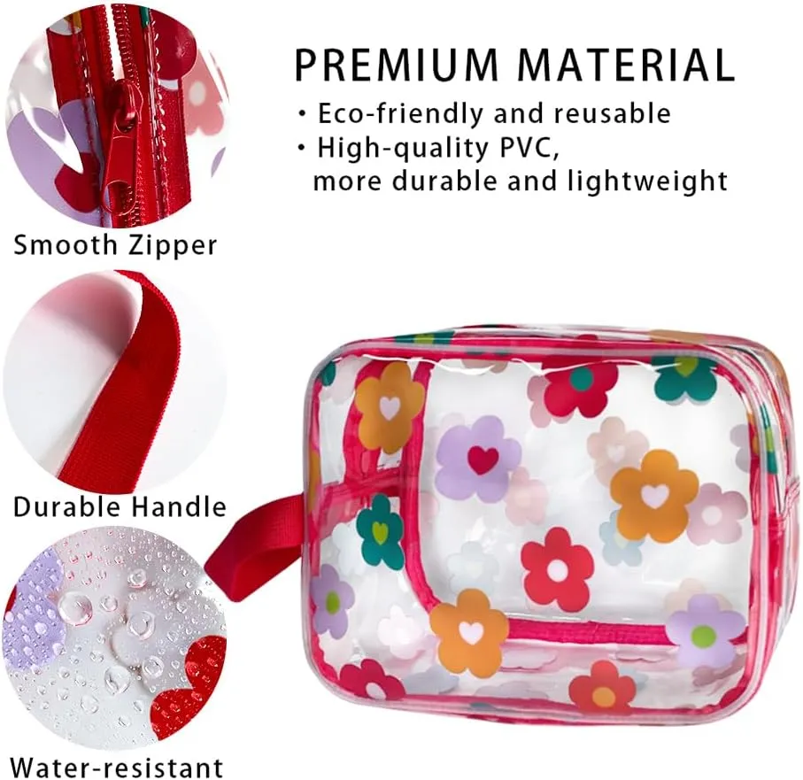 Clear Printed Floral Cosmetic Bag and Travel Pouch with Handle-Durable PVC Material,Versatile,Zipper Design for Smooth Sliding-Ideal for Makeup,Travel Essentials (Multifloral-M)