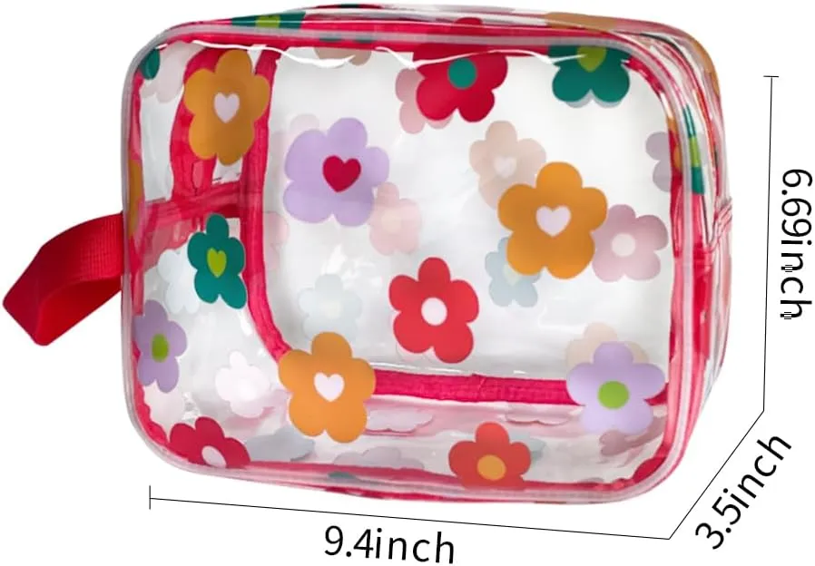 Clear Printed Floral Cosmetic Bag and Travel Pouch with Handle-Durable PVC Material,Versatile,Zipper Design for Smooth Sliding-Ideal for Makeup,Travel Essentials (Multifloral-M)