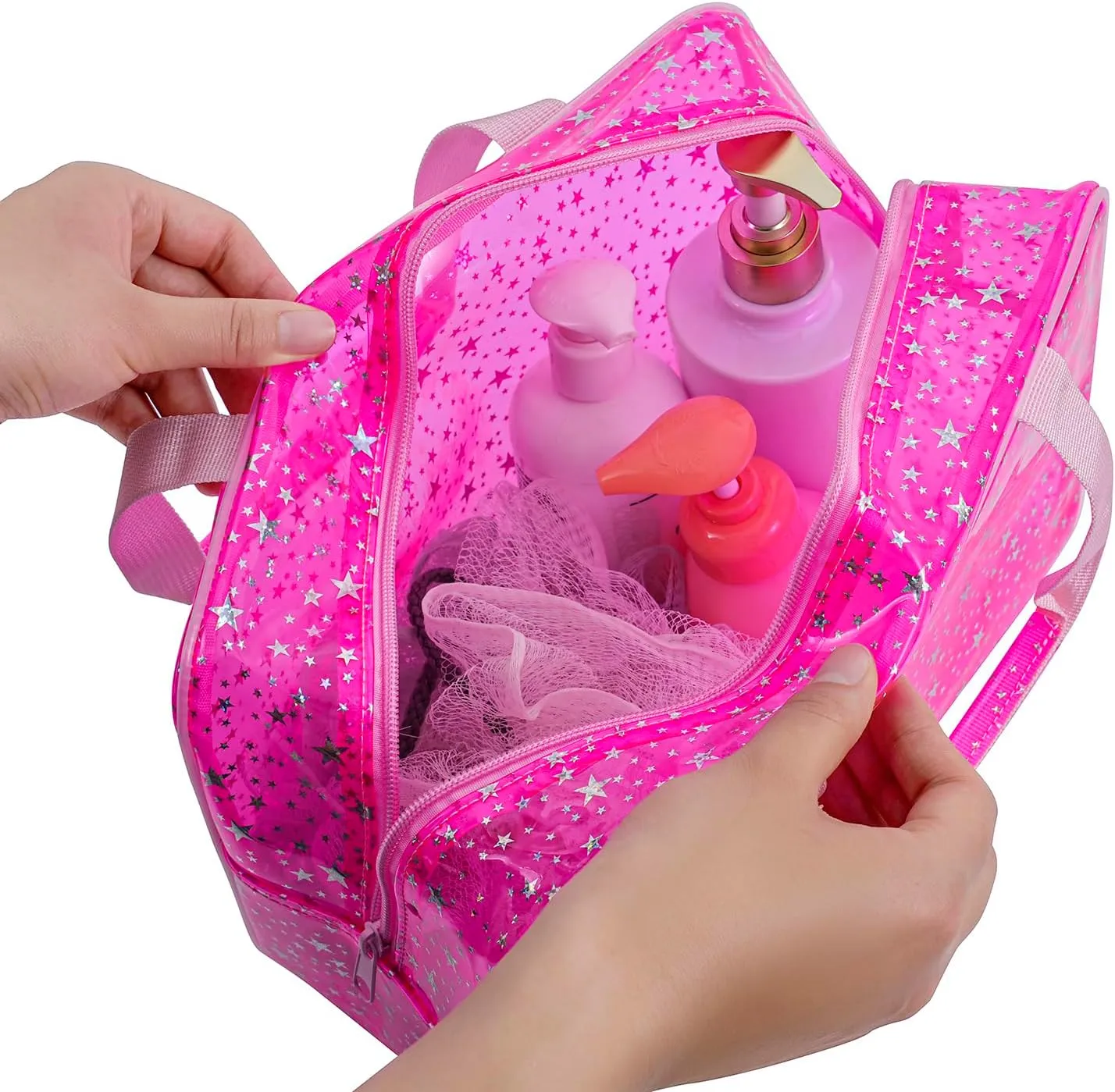 Clear PVC Star Large Cosmetic Bag, Transparent Large Zippered Opening Makeup Bag, Portable Waterproof Travel Bag with Handle, Gym, Swimming and Beach Bag (01Pink)