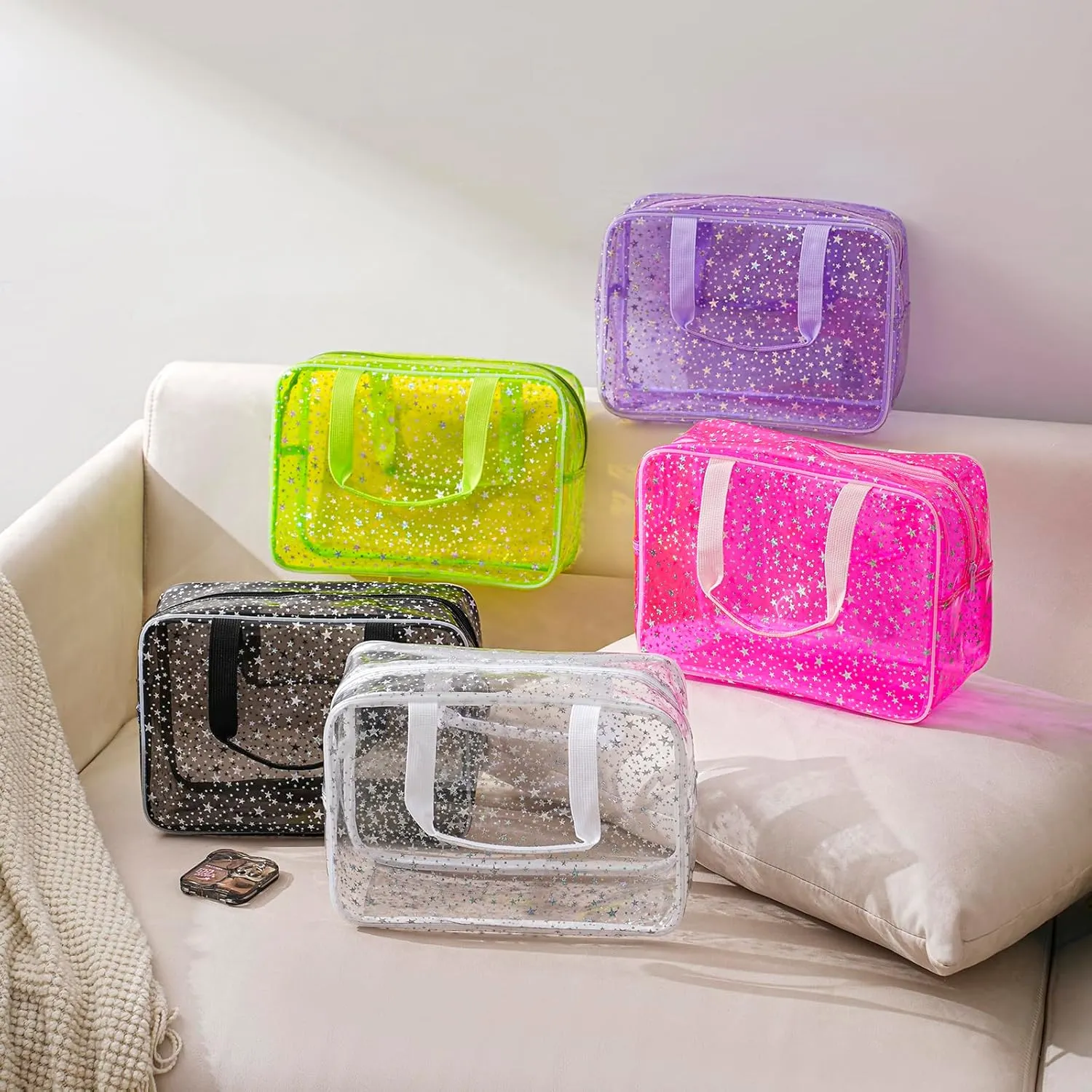 Clear PVC Star Large Cosmetic Bag, Transparent Large Zippered Opening Makeup Bag, Portable Waterproof Travel Bag with Handle, Gym, Swimming and Beach Bag (01Pink)