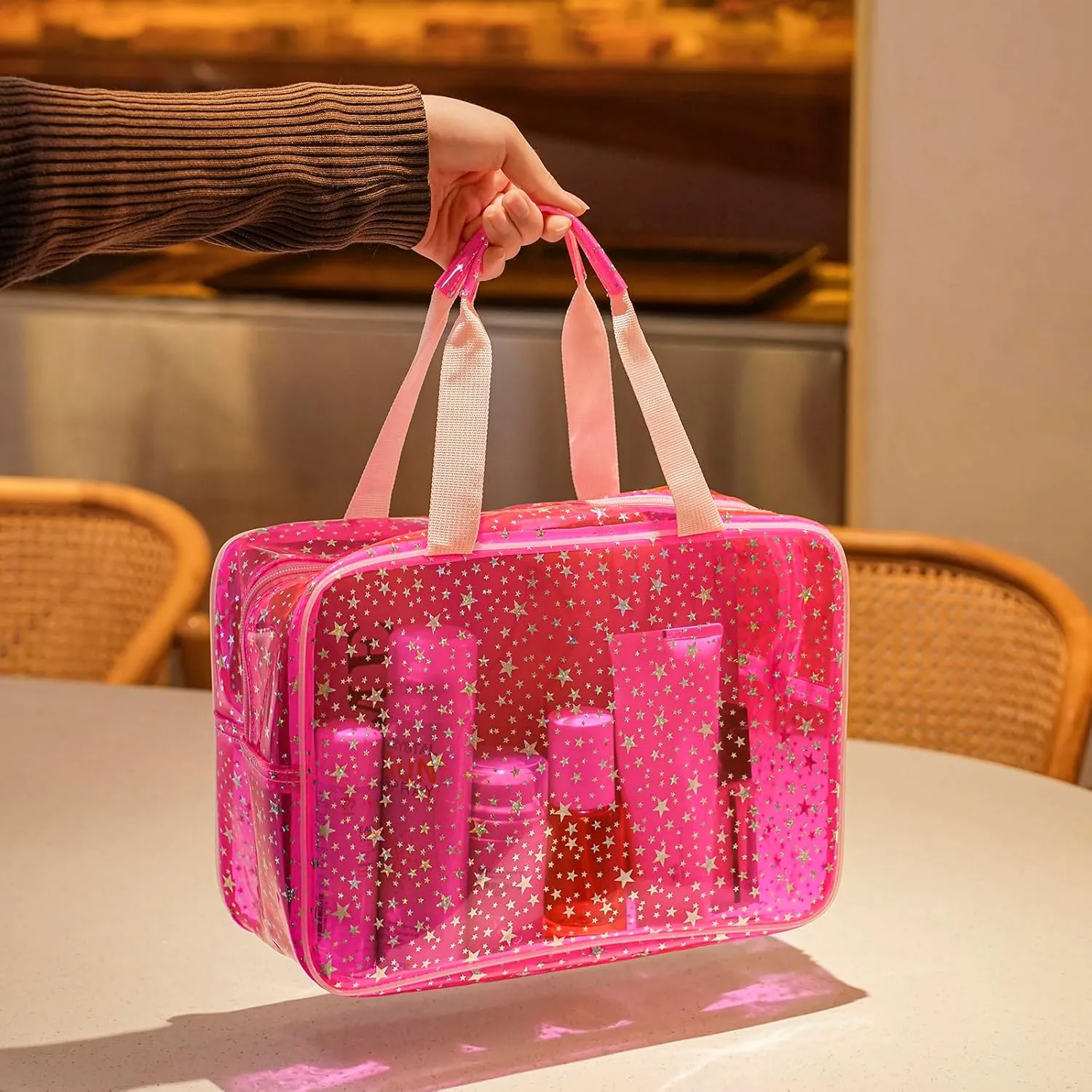 Clear PVC Star Large Cosmetic Bag, Transparent Large Zippered Opening Makeup Bag, Portable Waterproof Travel Bag with Handle, Gym, Swimming and Beach Bag (01Pink)