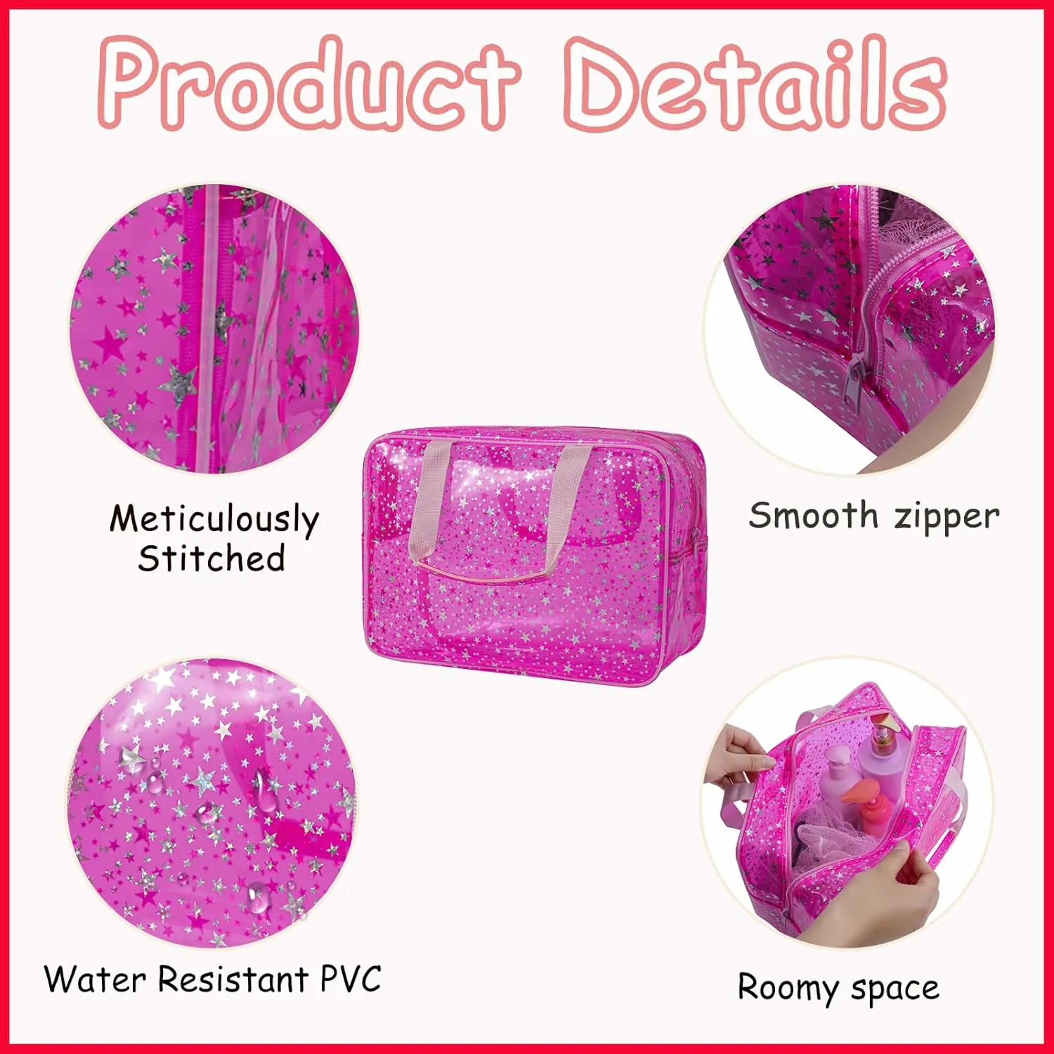 Clear PVC Star Large Cosmetic Bag, Transparent Large Zippered Opening Makeup Bag, Portable Waterproof Travel Bag with Handle, Gym, Swimming and Beach Bag (01Pink)