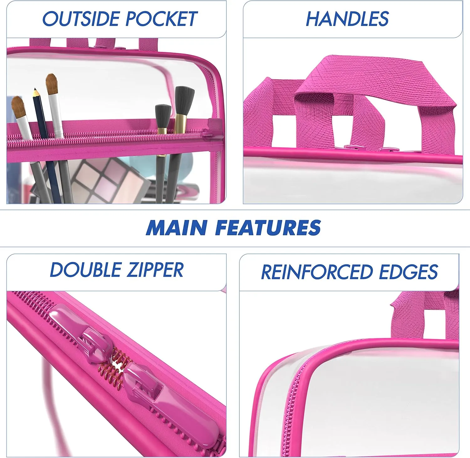 Clear Toiletry Bag - PVC Makeup Bag - Large Transparent Cosmetic Travel Case - See Through Packing Cube with Handle - Clear Bag with Zipper - Plastic Storage Pouch Pink