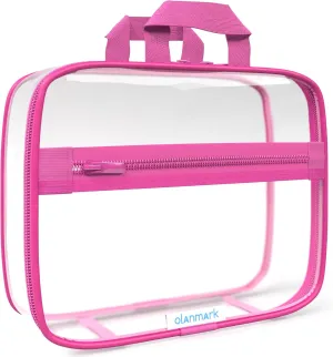 Clear Toiletry Bag - PVC Makeup Bag - Large Transparent Cosmetic Travel Case - See Through Packing Cube with Handle - Clear Bag with Zipper - Plastic Storage Pouch Pink