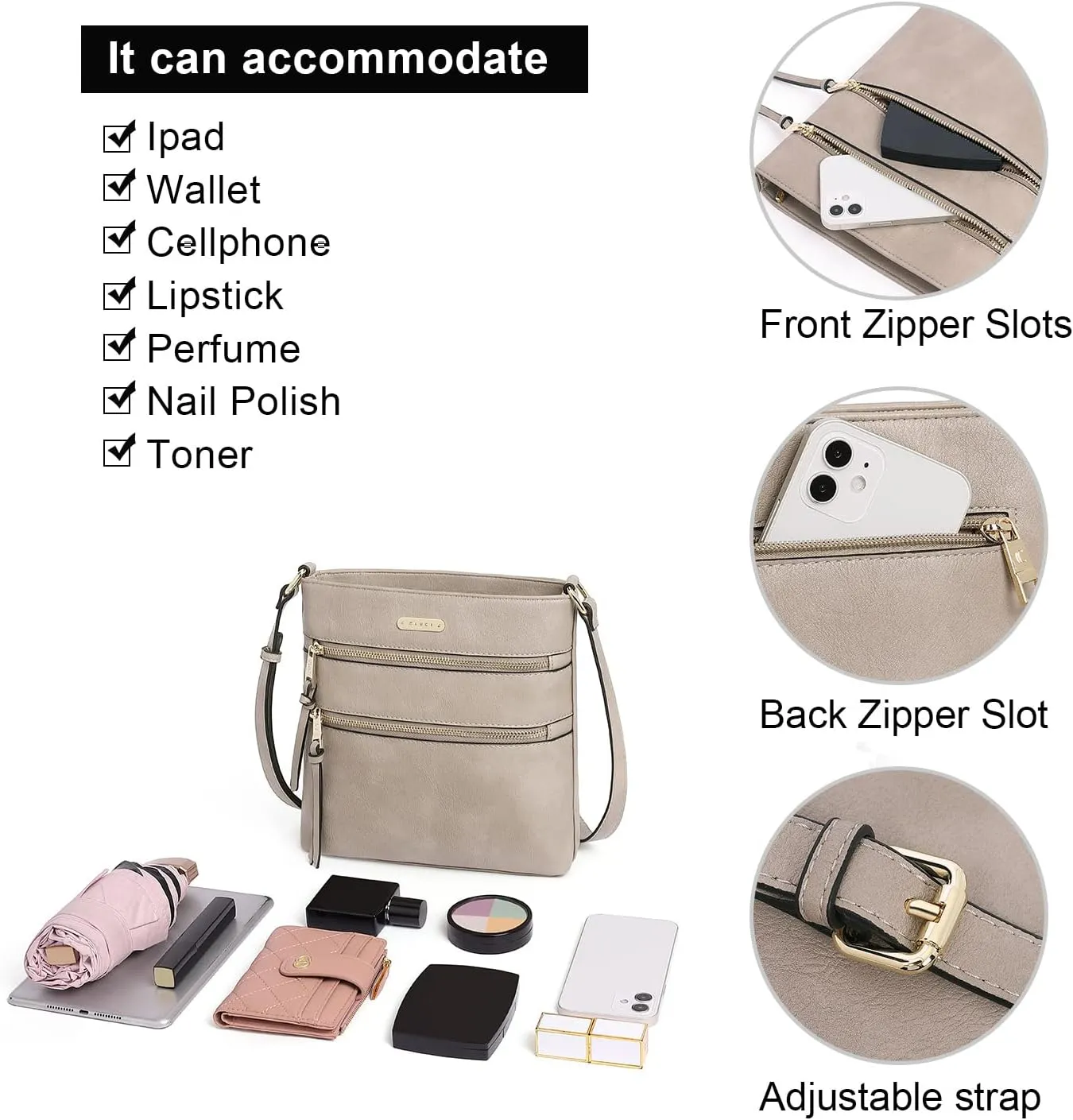 CLUCI Crossbody Purses for Women, Medium Size Zipper Pocket Adjustable Strap, Soft Leather Women's Shoulder Handbags