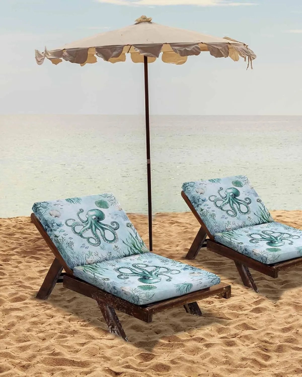 Coastal Octopus Outdoor Cushion Chair Cover Set of 2 - Waterproof Couch Seat Covers, Cyan Nautical Fish Shells Seaweeds Patio Furniture Protector Cushions Slipcovers for Sofa/RV, 22"x22"x4"