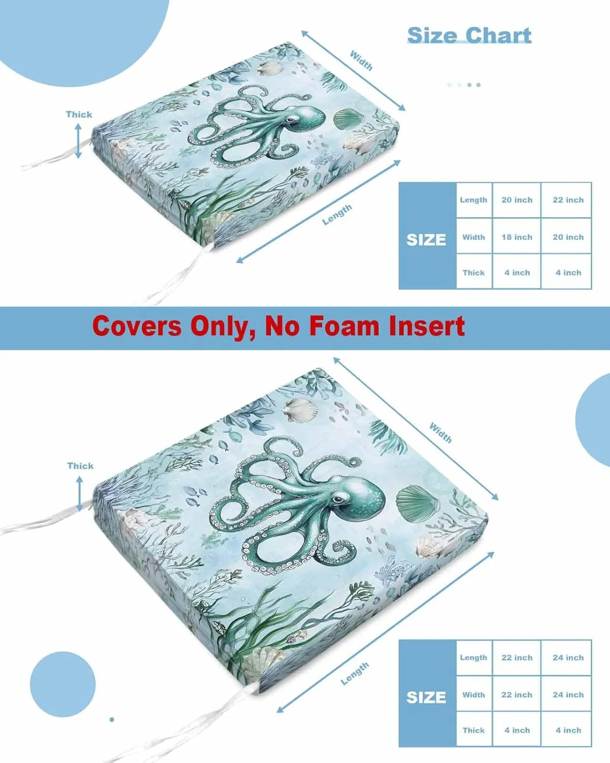 Coastal Octopus Outdoor Cushion Chair Cover Set of 2 - Waterproof Couch Seat Covers, Cyan Nautical Fish Shells Seaweeds Patio Furniture Protector Cushions Slipcovers for Sofa/RV, 22"x22"x4"