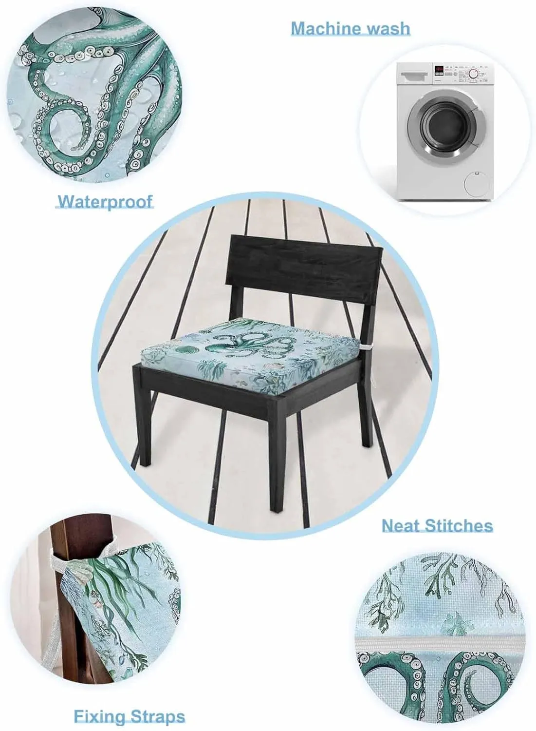 Coastal Octopus Outdoor Cushion Chair Cover Set of 2 - Waterproof Couch Seat Covers, Cyan Nautical Fish Shells Seaweeds Patio Furniture Protector Cushions Slipcovers for Sofa/RV, 22"x22"x4"