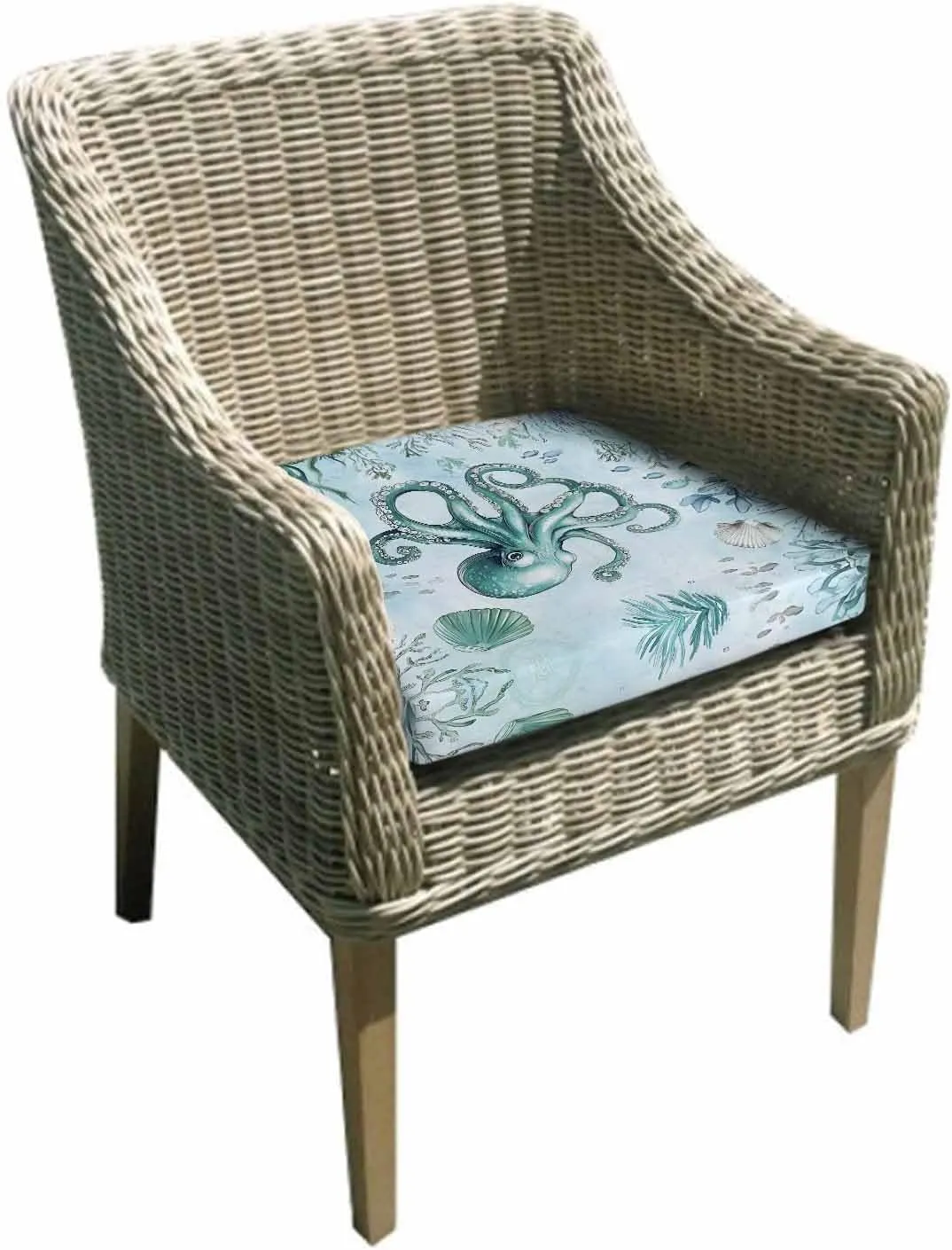 Coastal Octopus Outdoor Cushion Chair Cover Set of 2 - Waterproof Couch Seat Covers, Cyan Nautical Fish Shells Seaweeds Patio Furniture Protector Cushions Slipcovers for Sofa/RV, 22"x22"x4"