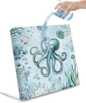 Coastal Octopus Outdoor Cushion Chair Cover Set of 2 - Waterproof Couch Seat Covers, Cyan Nautical Fish Shells Seaweeds Patio Furniture Protector Cushions Slipcovers for Sofa/RV, 22"x22"x4"