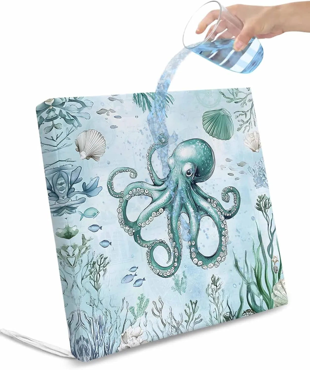 Coastal Octopus Outdoor Cushion Chair Cover Set of 2 - Waterproof Couch Seat Covers, Cyan Nautical Fish Shells Seaweeds Patio Furniture Protector Cushions Slipcovers for Sofa/RV, 22"x22"x4"