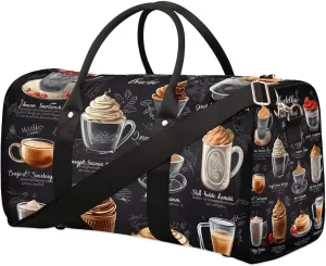 Coffee Theme Travel Duffel Bag for Women Men Waterproof Foldable Overnight Weekender Bag Large Capacity Sports Gym Bag