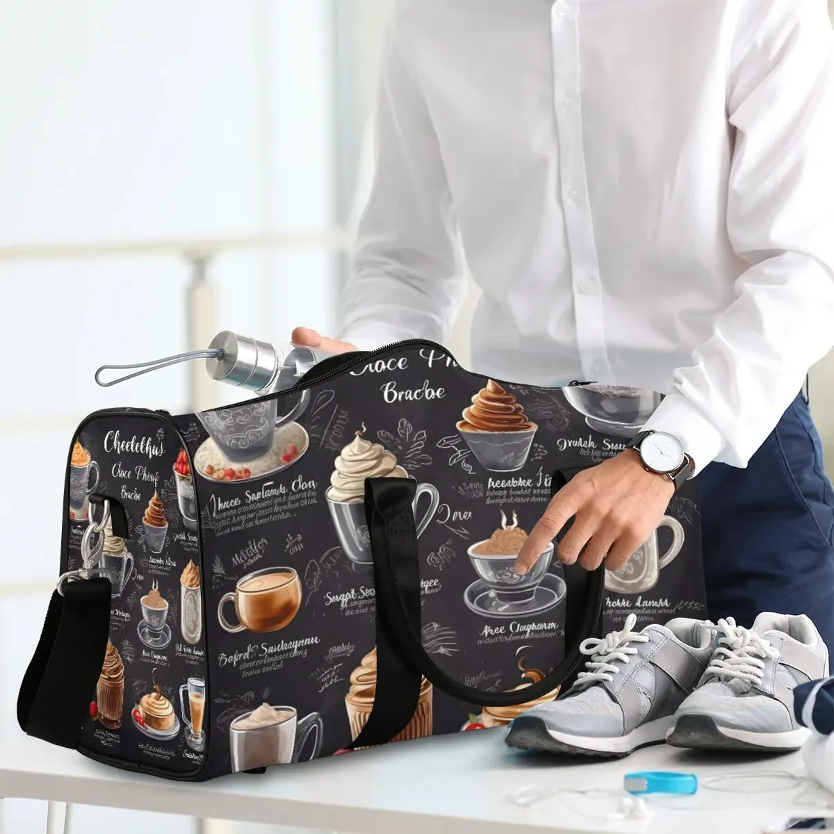 Coffee Theme Travel Duffel Bag for Women Men Waterproof Foldable Overnight Weekender Bag Large Capacity Sports Gym Bag