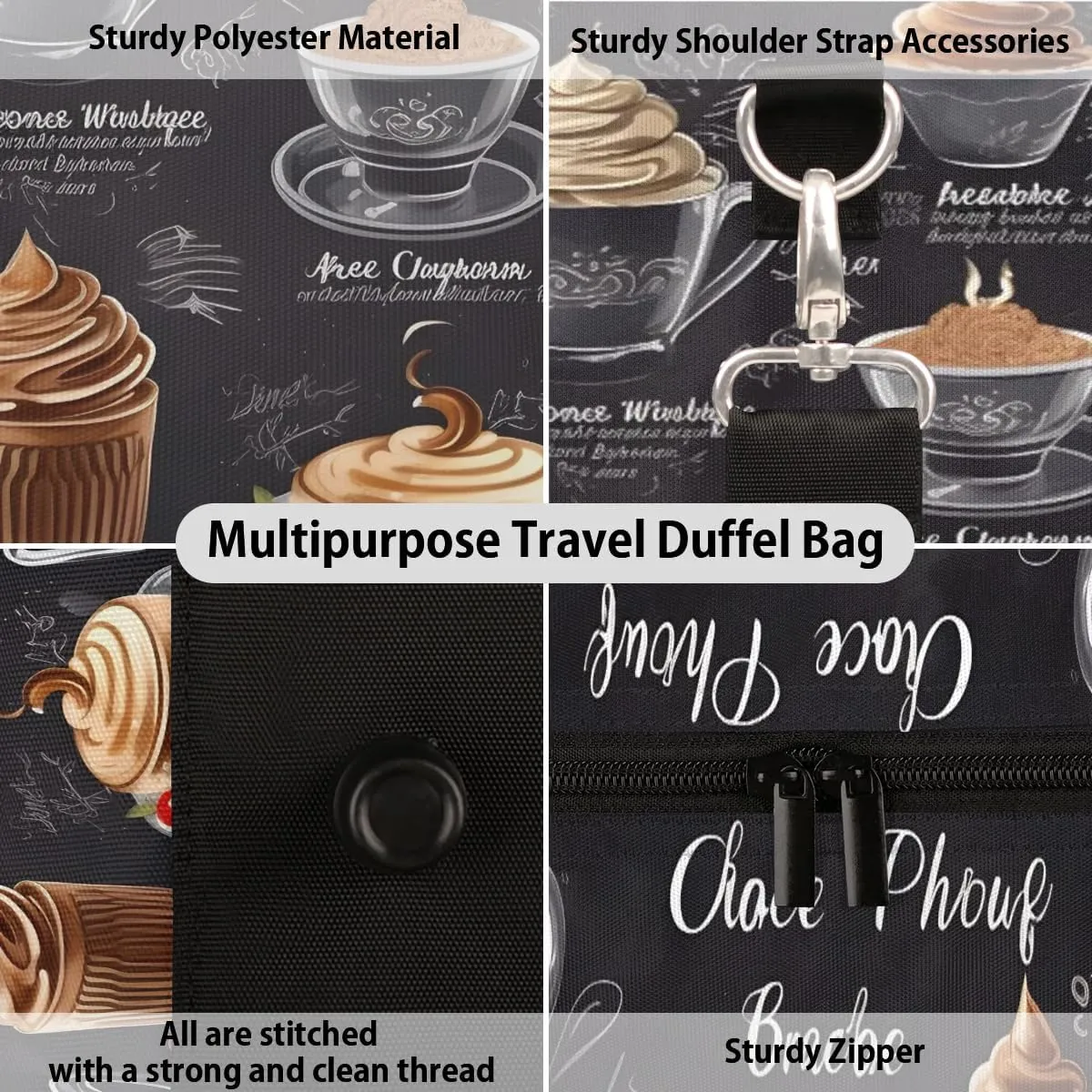 Coffee Theme Travel Duffel Bag for Women Men Waterproof Foldable Overnight Weekender Bag Large Capacity Sports Gym Bag