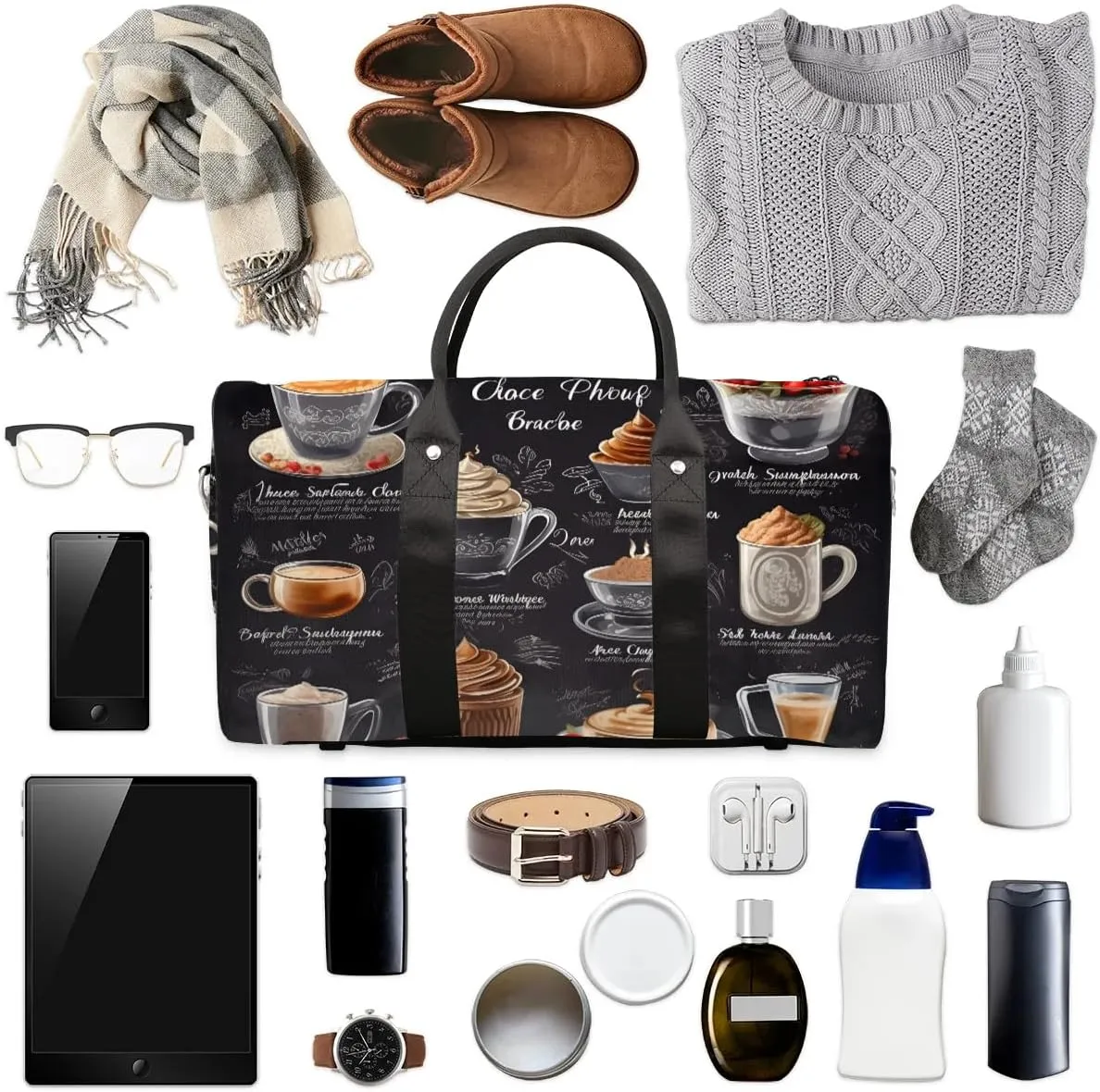 Coffee Theme Travel Duffel Bag for Women Men Waterproof Foldable Overnight Weekender Bag Large Capacity Sports Gym Bag