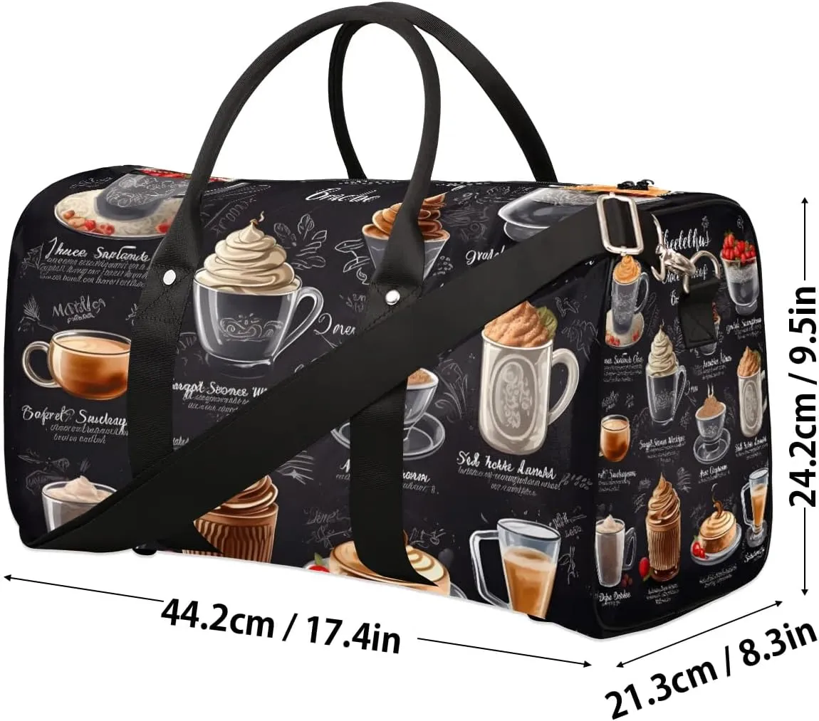 Coffee Theme Travel Duffel Bag for Women Men Waterproof Foldable Overnight Weekender Bag Large Capacity Sports Gym Bag
