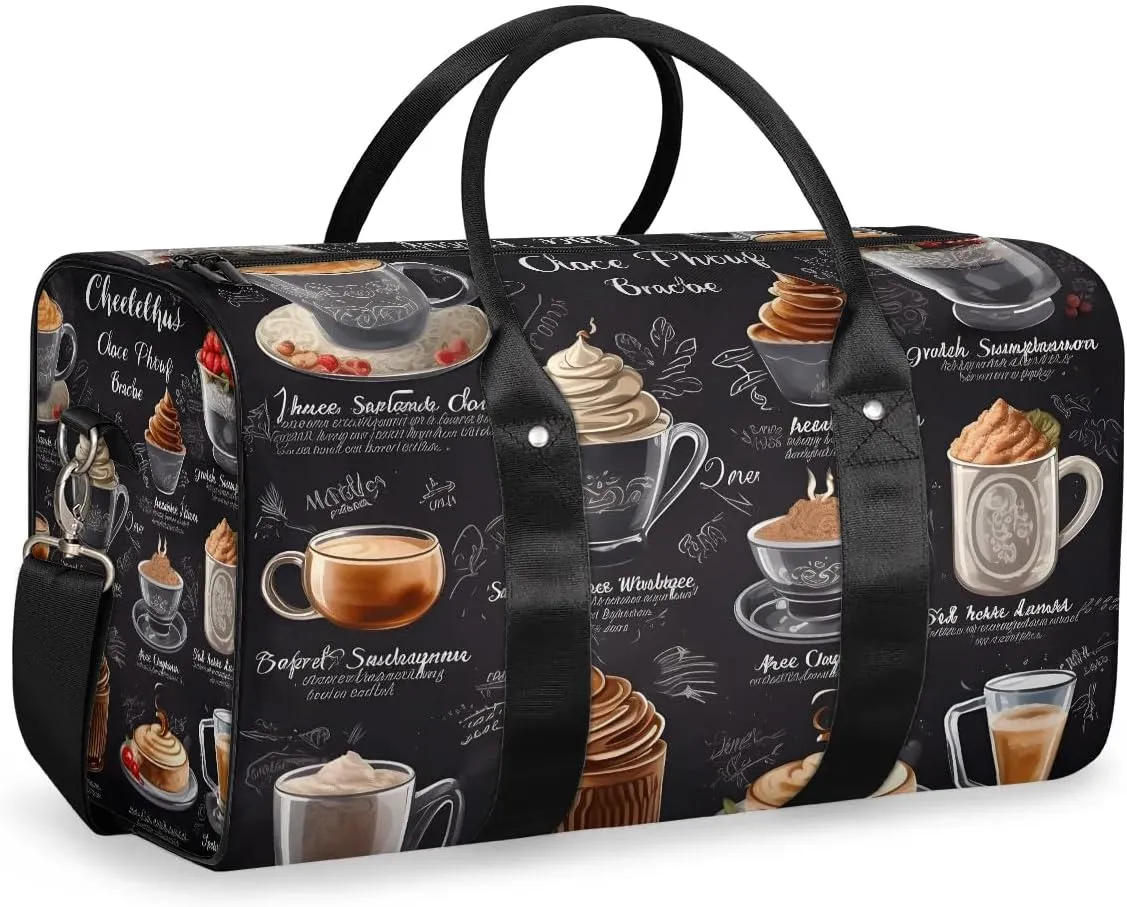 Coffee Theme Travel Duffel Bag for Women Men Waterproof Foldable Overnight Weekender Bag Large Capacity Sports Gym Bag
