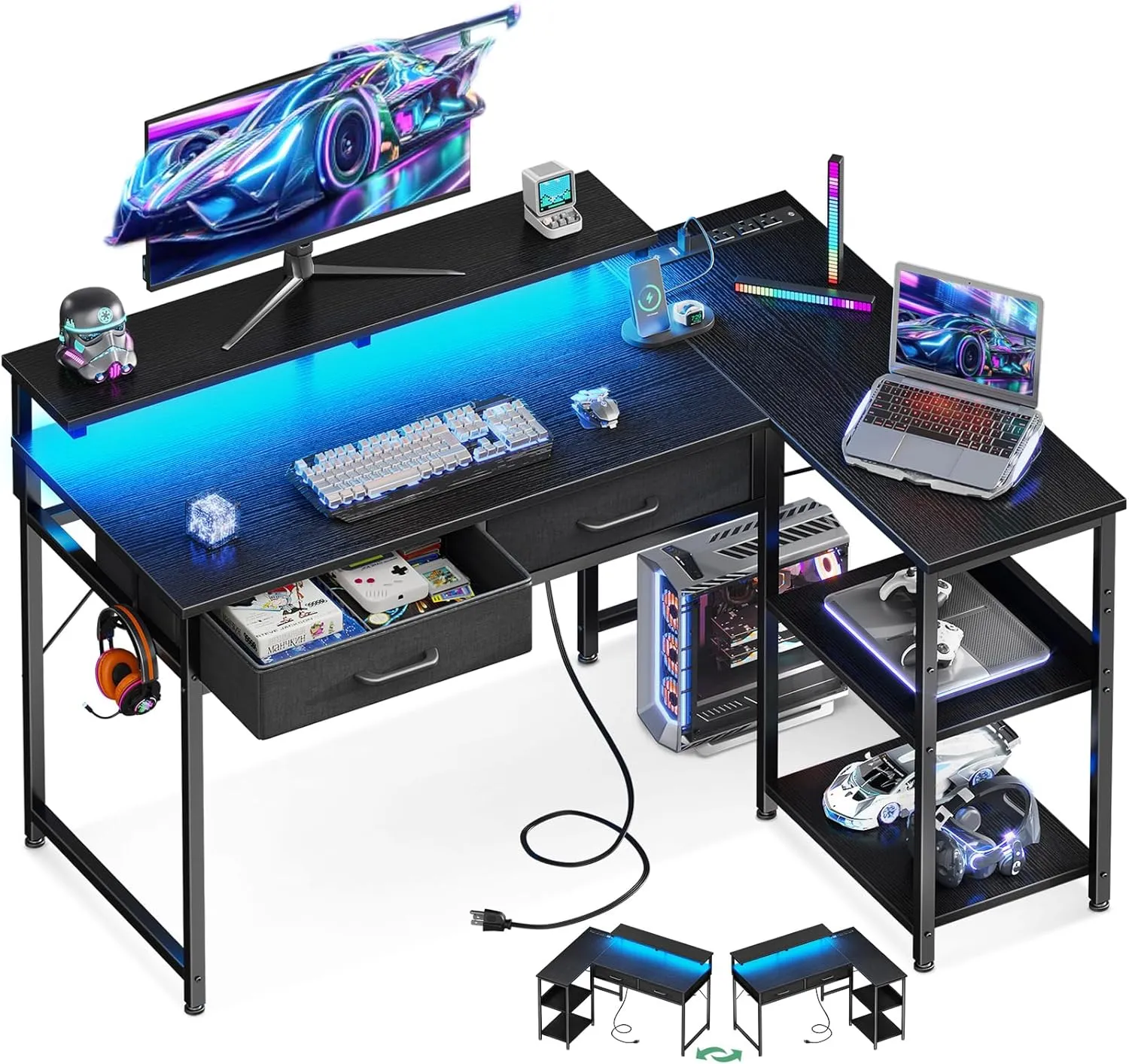 Coleshome 40 Inch L Shaped Gaming Desk with 2 Drawers & Storage Shelves, Computer Desk with USB Ports, Study Writing Table for Bedroom, Simple Modern Laptop Desk for Home Office, Black
