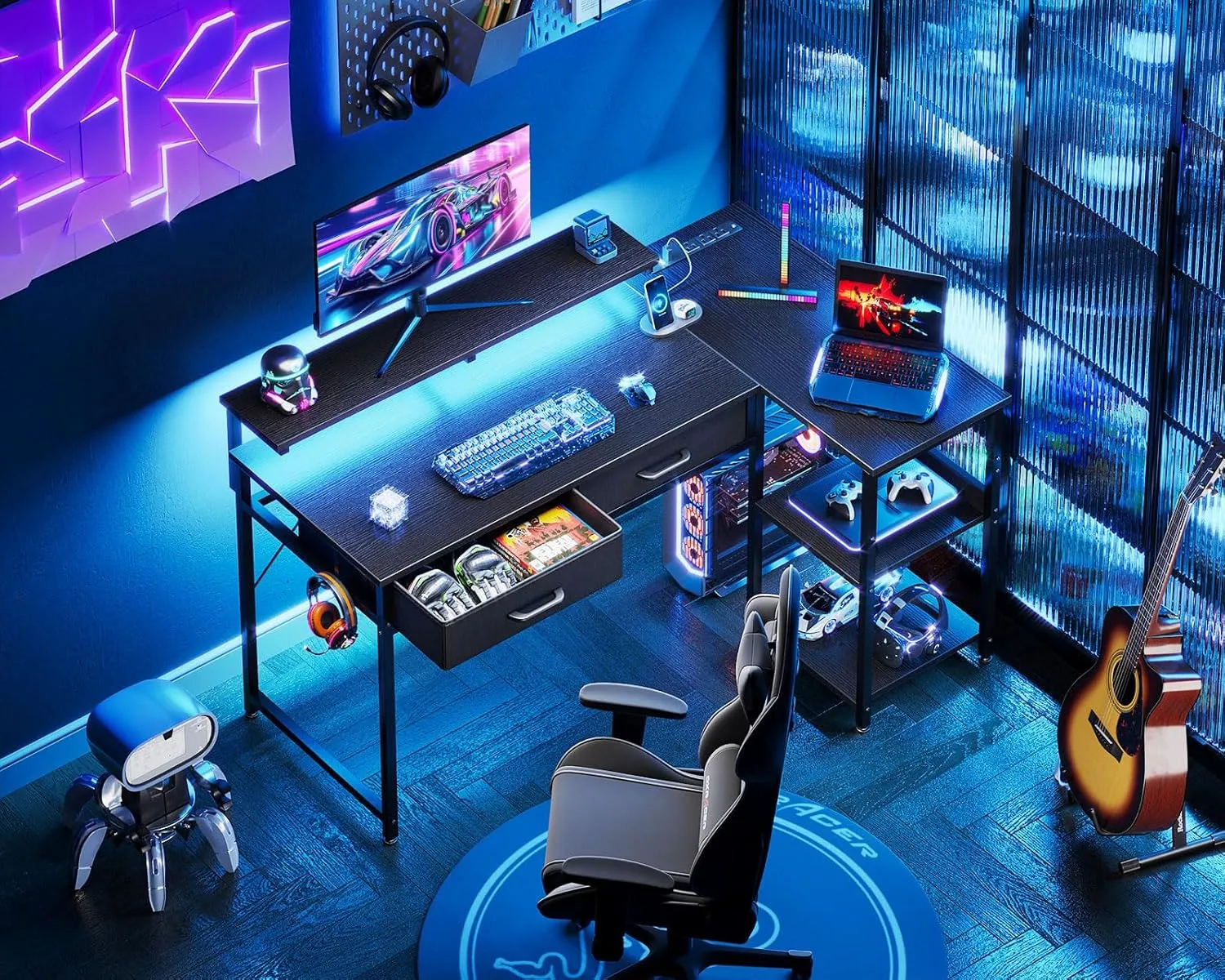 Coleshome 40 Inch L Shaped Gaming Desk with 2 Drawers & Storage Shelves, Computer Desk with USB Ports, Study Writing Table for Bedroom, Simple Modern Laptop Desk for Home Office, Black